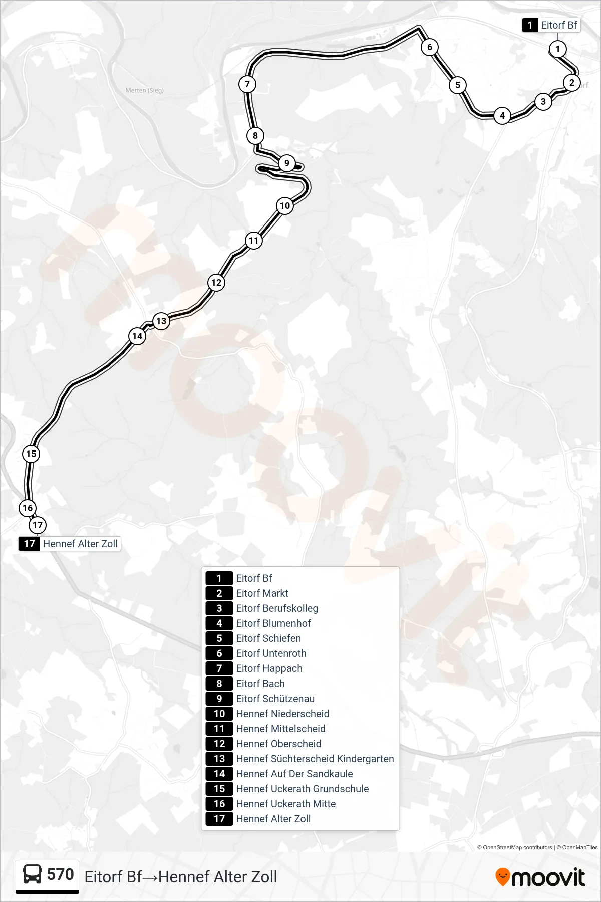 Linie 570 (Bus) Richtung Eitorf Bf→Hennef Alter Zoll: Route und Haltestellen auf der Karte