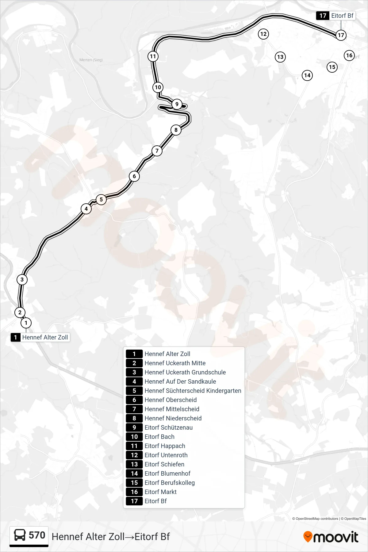 Linie 570 (Bus) Richtung Hennef Alter Zoll→Eitorf Bf: Route und Haltestellen auf der Karte