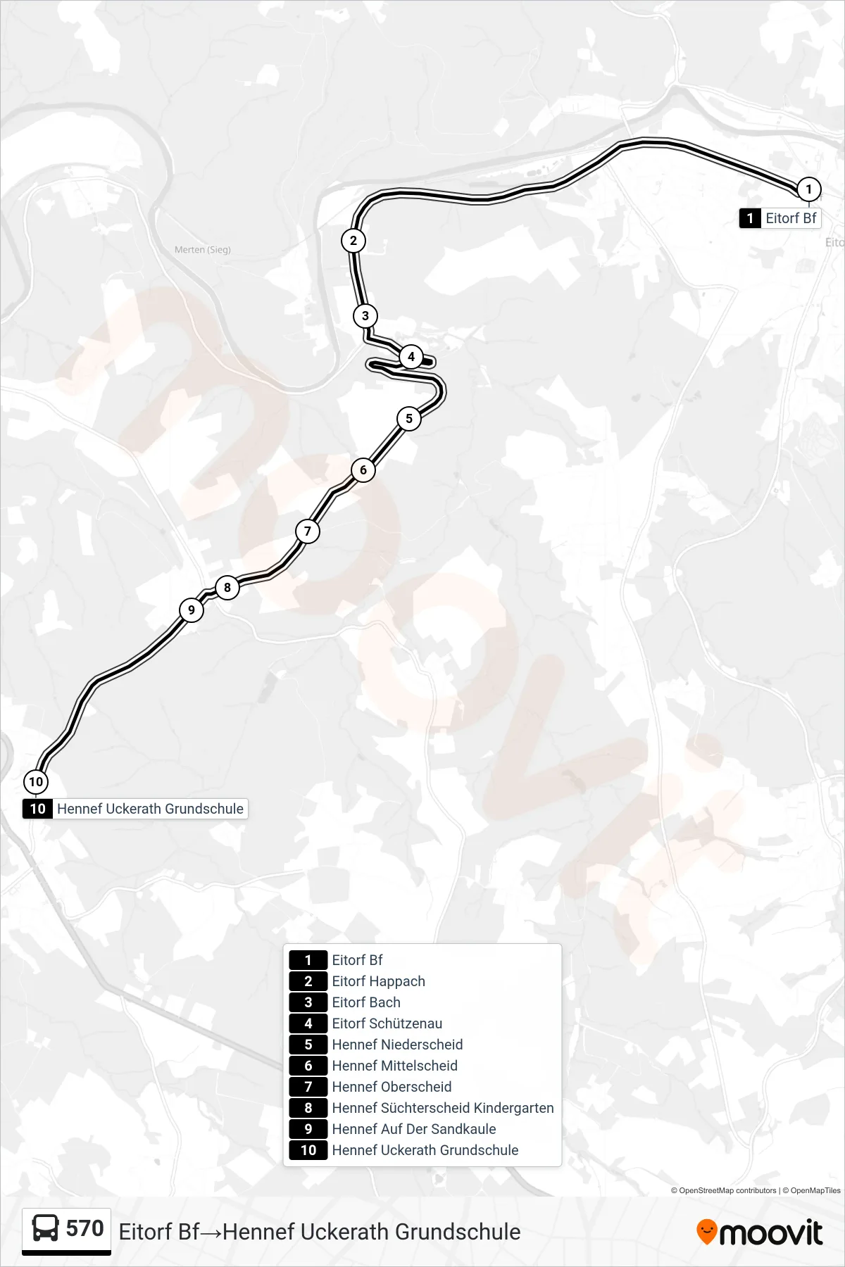 Linie 570 (Bus) Richtung Eitorf Bf→Hennef Uckerath Grundschule: Route und Haltestellen auf der Karte