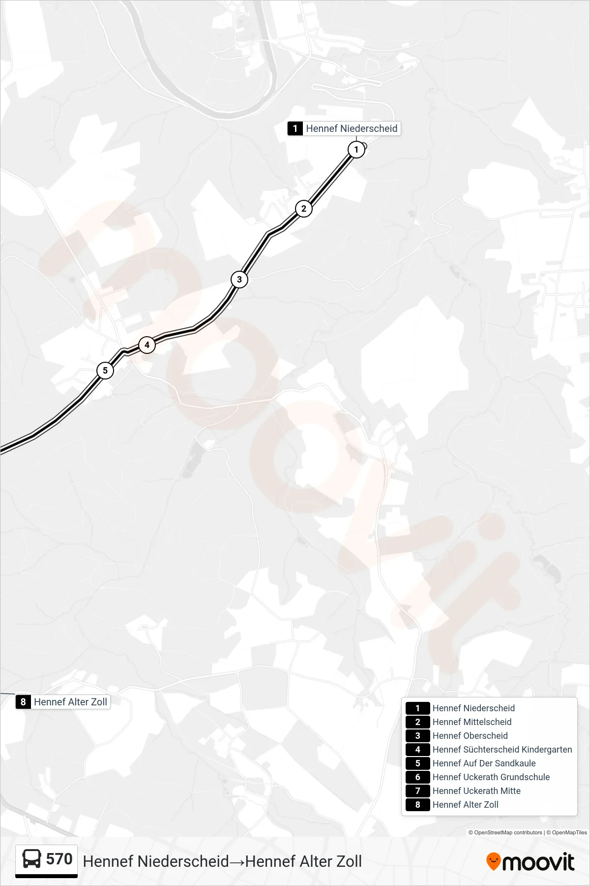 Linie 570 (Bus) Richtung Hennef Niederscheid→Hennef Alter Zoll: Route und Haltestellen auf der Karte