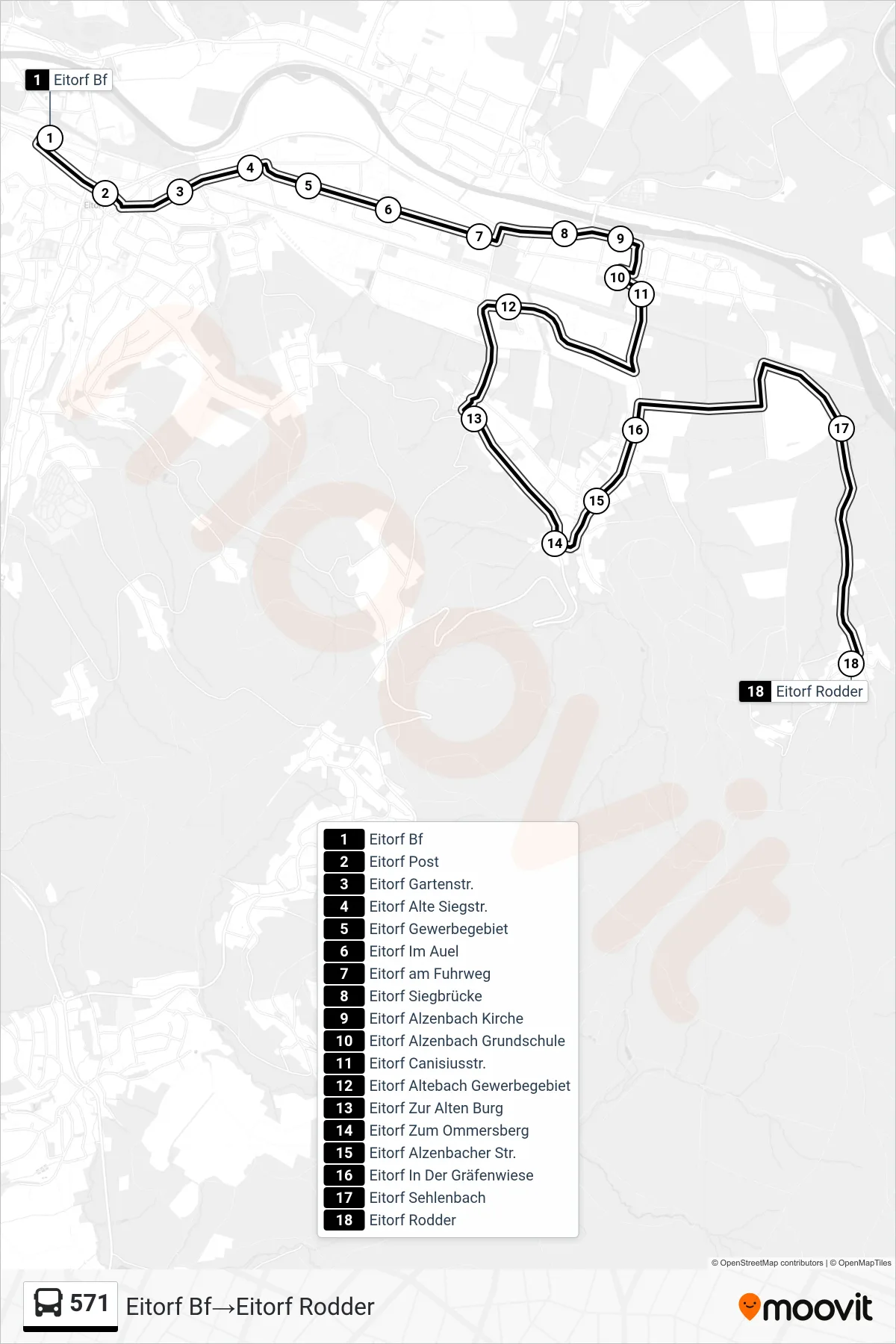 Linie 571 (Bus) Richtung Eitorf Bf→Eitorf Rodder: Route und Haltestellen auf der Karte
