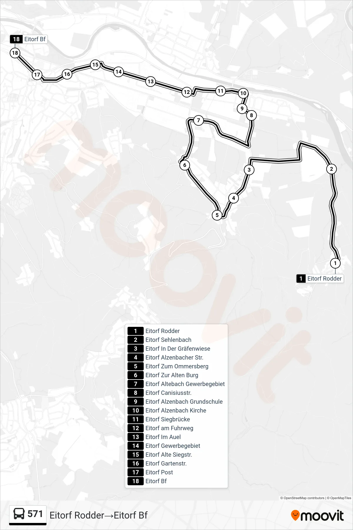Linie 571 (Bus) Richtung Eitorf Rodder→Eitorf Bf: Route und Haltestellen auf der Karte