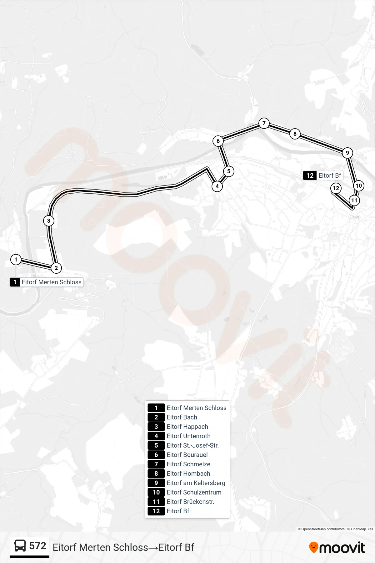 572 bus Line (Eitorf Merten Schloss‎→Eitorf Bf) route and stops on a map
