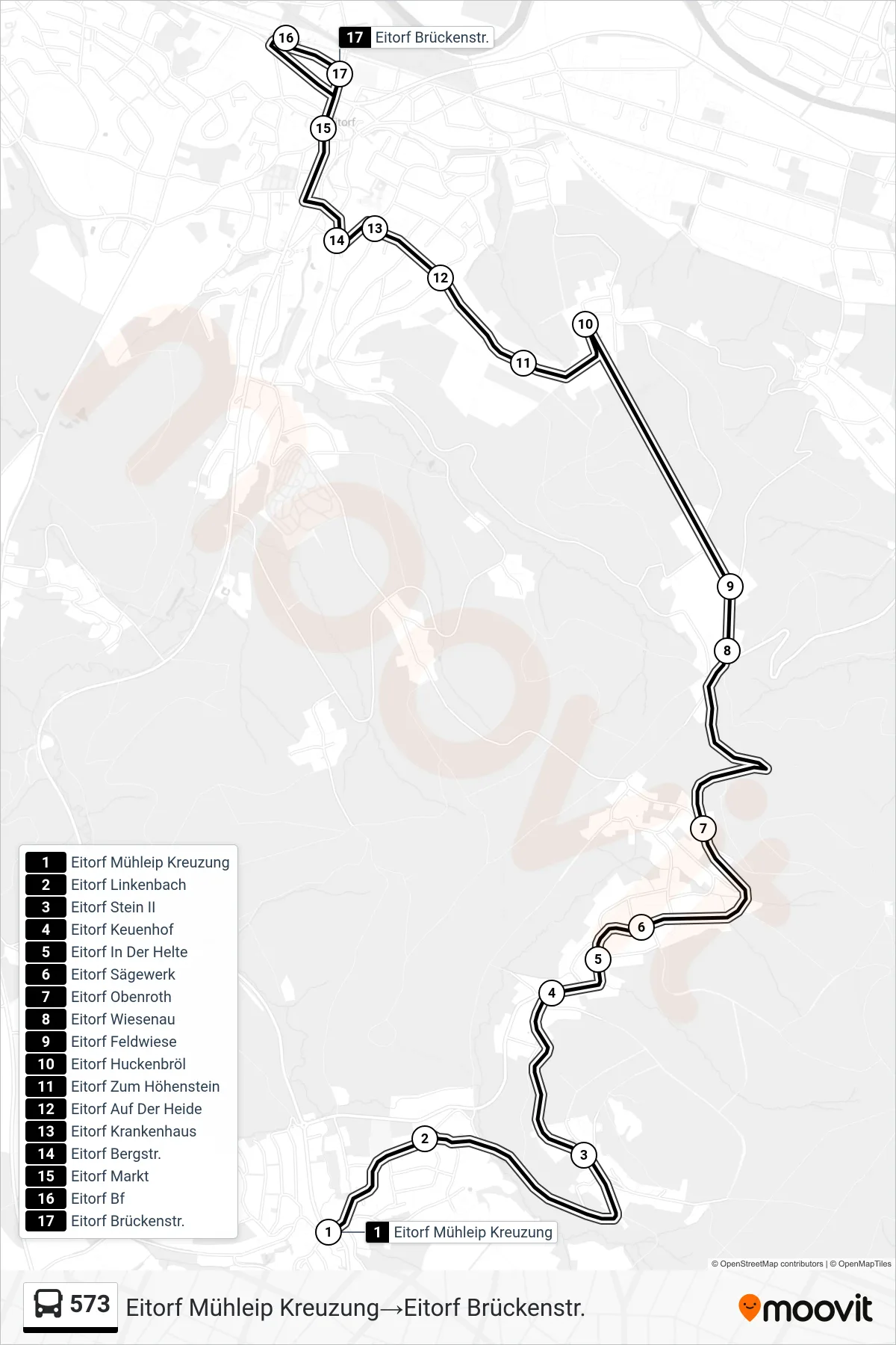 Linie 573 (Bus) Richtung Eitorf Mühleip Kreuzung→Eitorf Brückenstr.: Route und Haltestellen auf der Karte