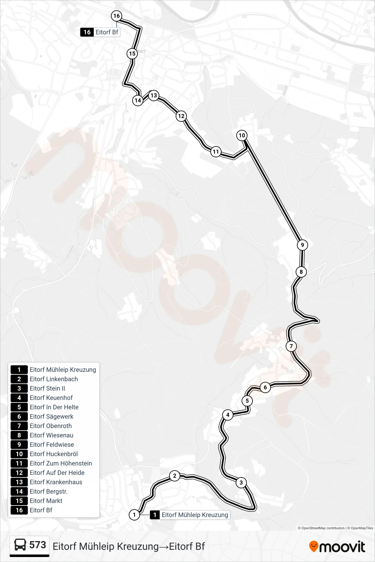 Linie 573 (Bus) Richtung Eitorf Mühleip Kreuzung→Eitorf Bf: Route und Haltestellen auf der Karte