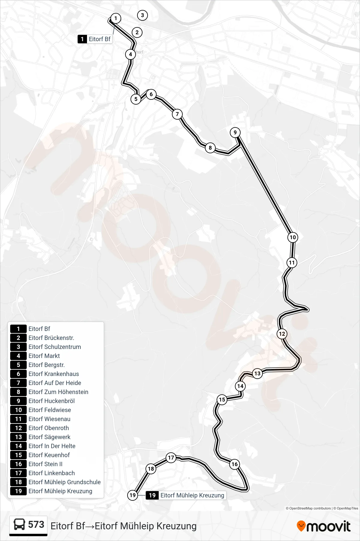 Linie 573 (Bus) Richtung Eitorf Bf→Eitorf Mühleip Kreuzung: Route und Haltestellen auf der Karte