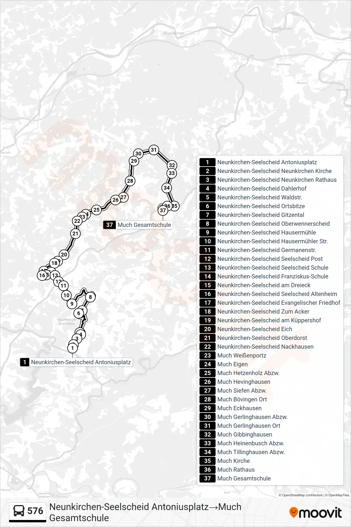 Linie 576 (Bus) Richtung Neunkirchen-Seelscheid Antoniusplatz→Much Gesamtschule: Route und Haltestellen auf der Karte