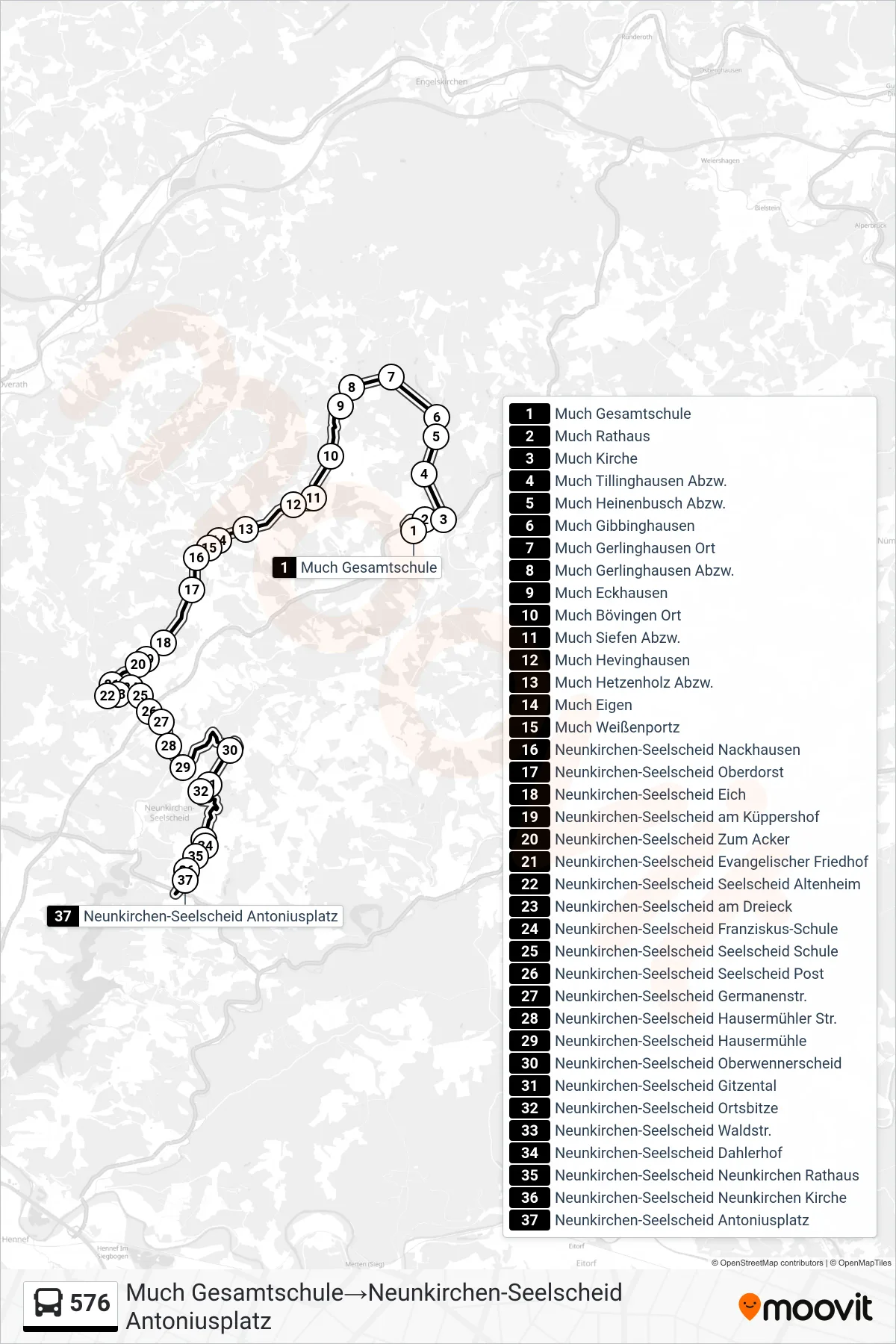 Linie 576 (Bus) Richtung Much Gesamtschule→Neunkirchen-Seelscheid Antoniusplatz: Route und Haltestellen auf der Karte