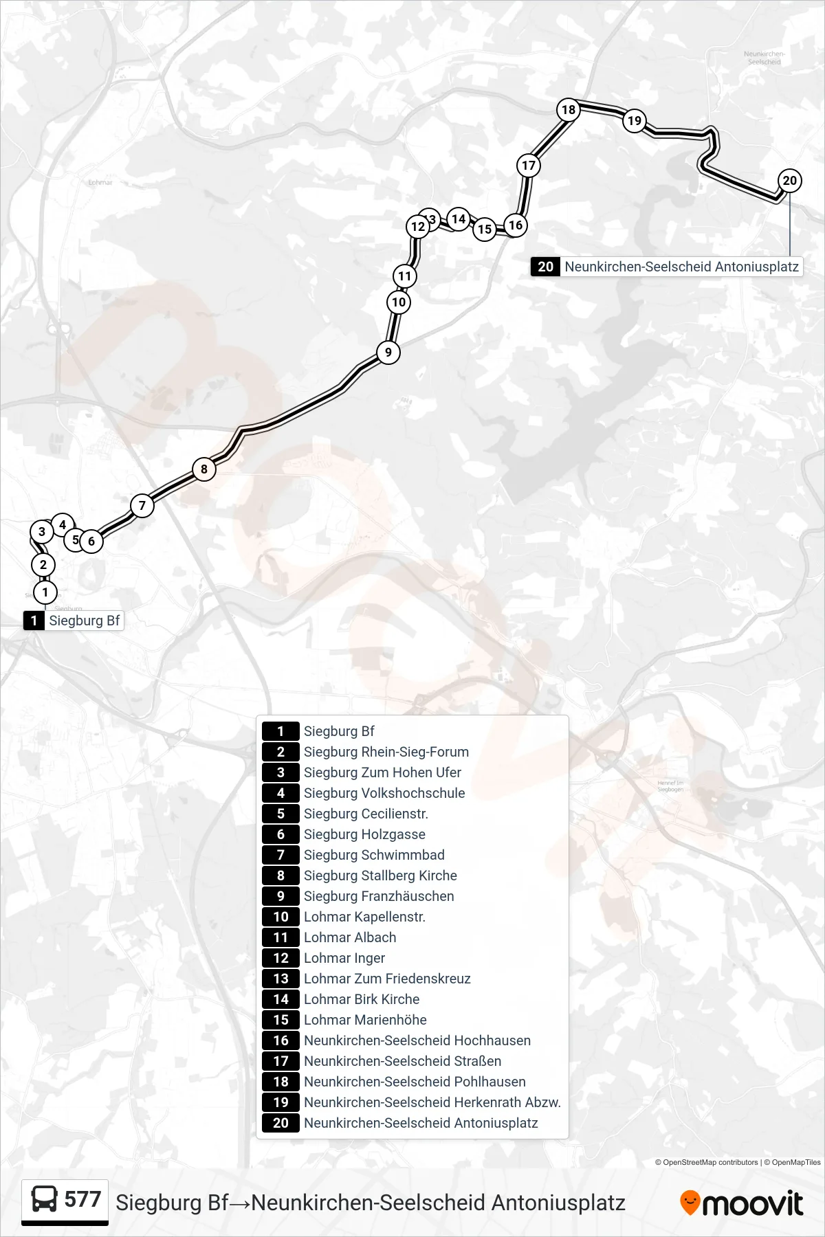 Linie 577 (Bus) Richtung Siegburg Bf→Neunkirchen-Seelscheid Antoniusplatz: Route und Haltestellen auf der Karte
