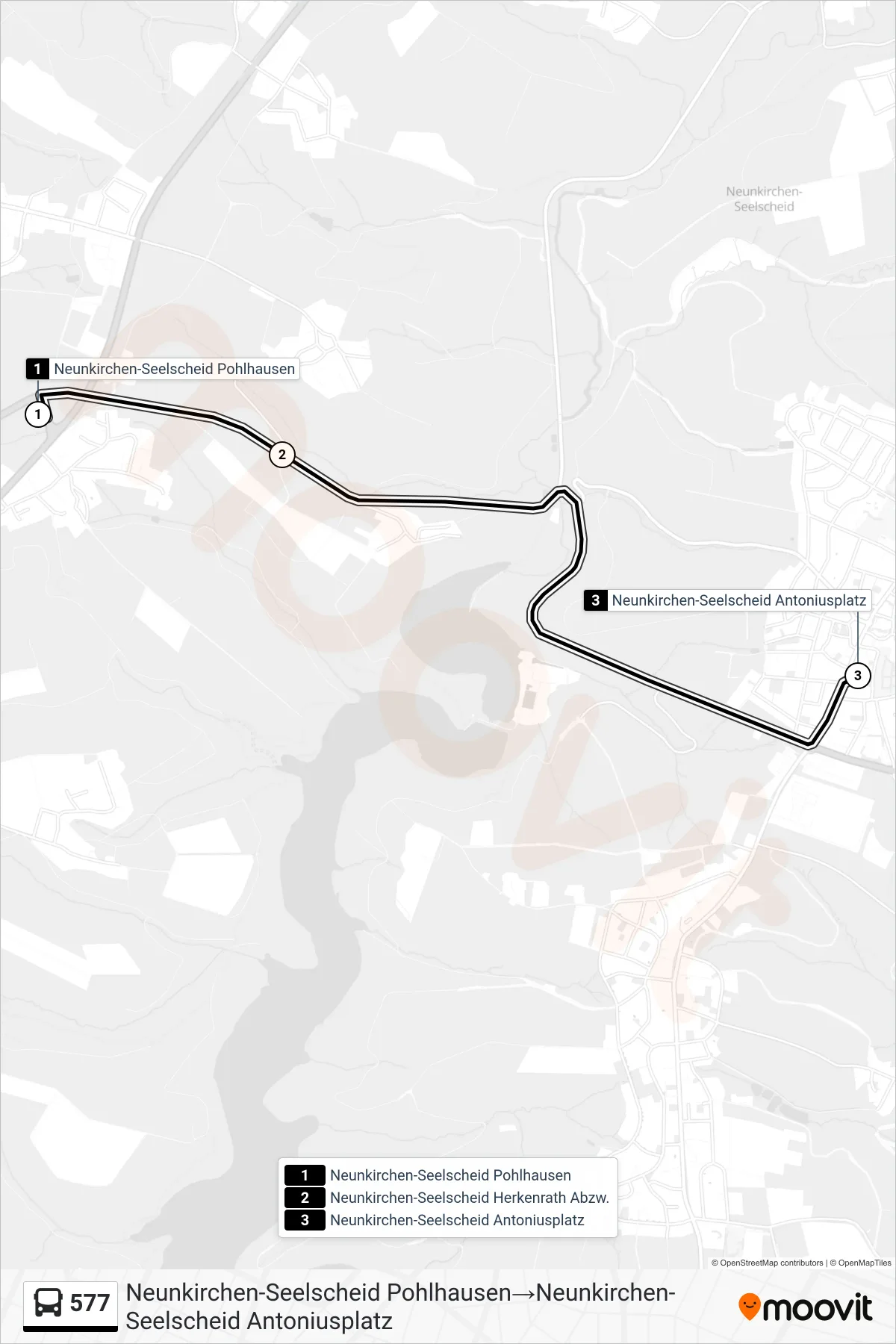 Linie 577 (Bus) Richtung Neunkirchen-Seelscheid Pohlhausen→Neunkirchen-Seelscheid Antoniusplatz: Route und Haltestellen auf der Karte