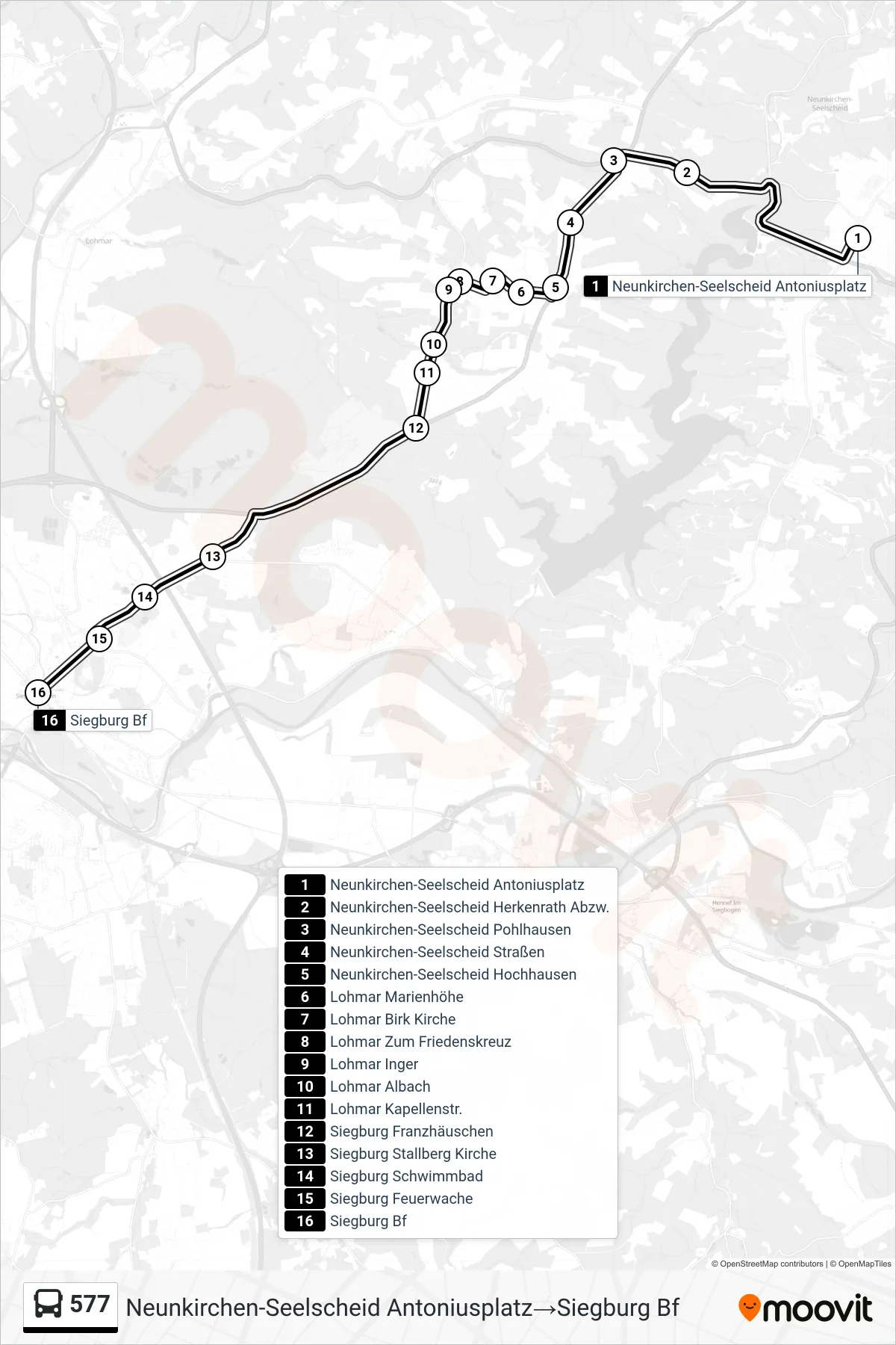 Linie 577 (Bus) Richtung Neunkirchen-Seelscheid Antoniusplatz→Siegburg Bf: Route und Haltestellen auf der Karte