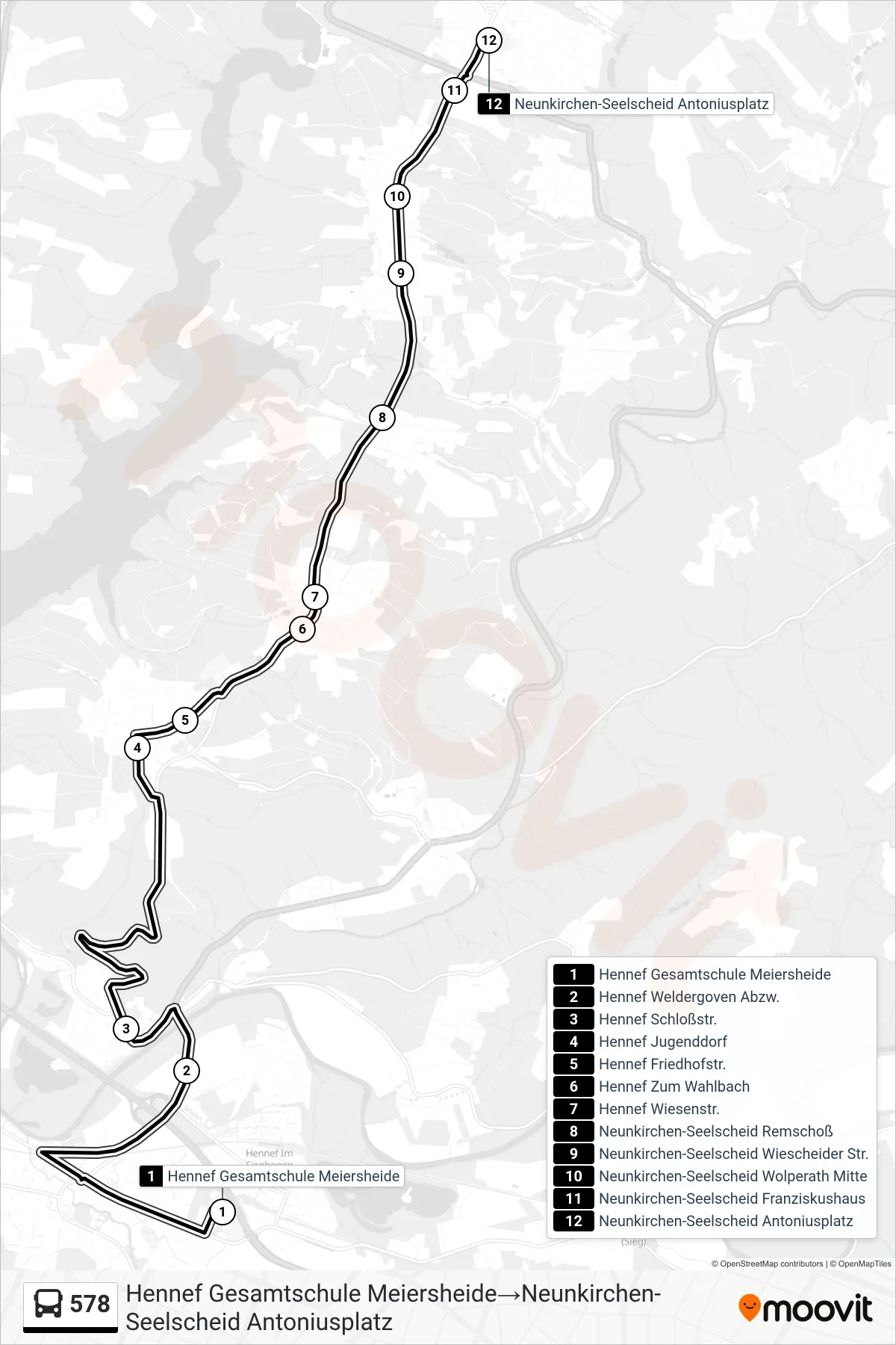 Linie 578 (Bus) Richtung Hennef Gesamtschule Meiersheide→Neunkirchen-Seelscheid Antoniusplatz: Route und Haltestellen auf der Karte