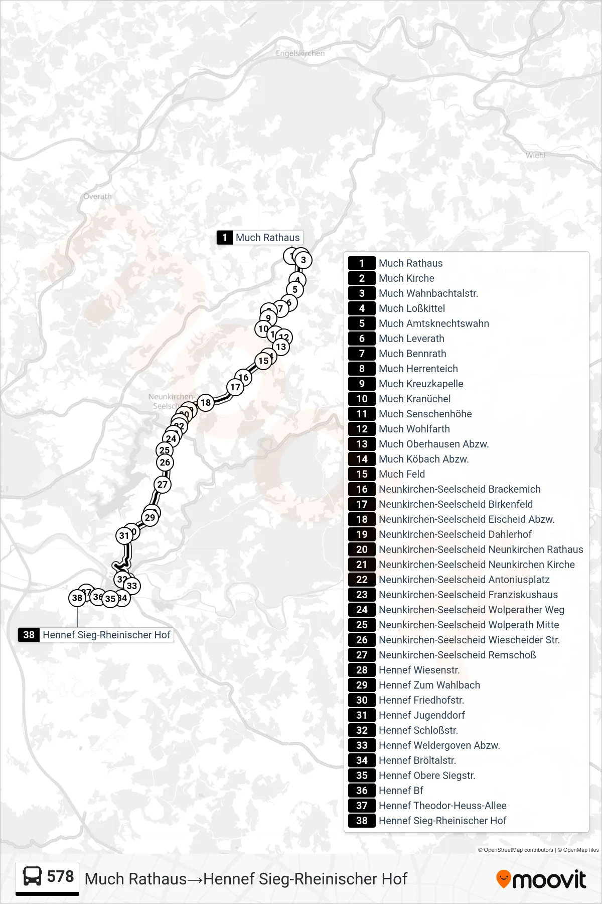 Linie 578 (Bus) Richtung Much Rathaus→Hennef Sieg-Rheinischer Hof: Route und Haltestellen auf der Karte