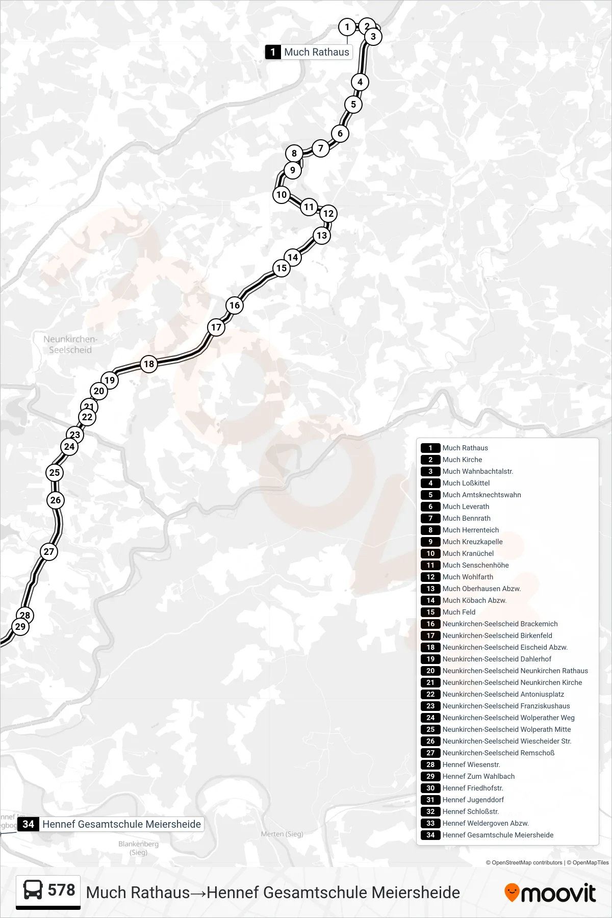 Linie 578 (Bus) Richtung Much Rathaus→Hennef Gesamtschule Meiersheide: Route und Haltestellen auf der Karte