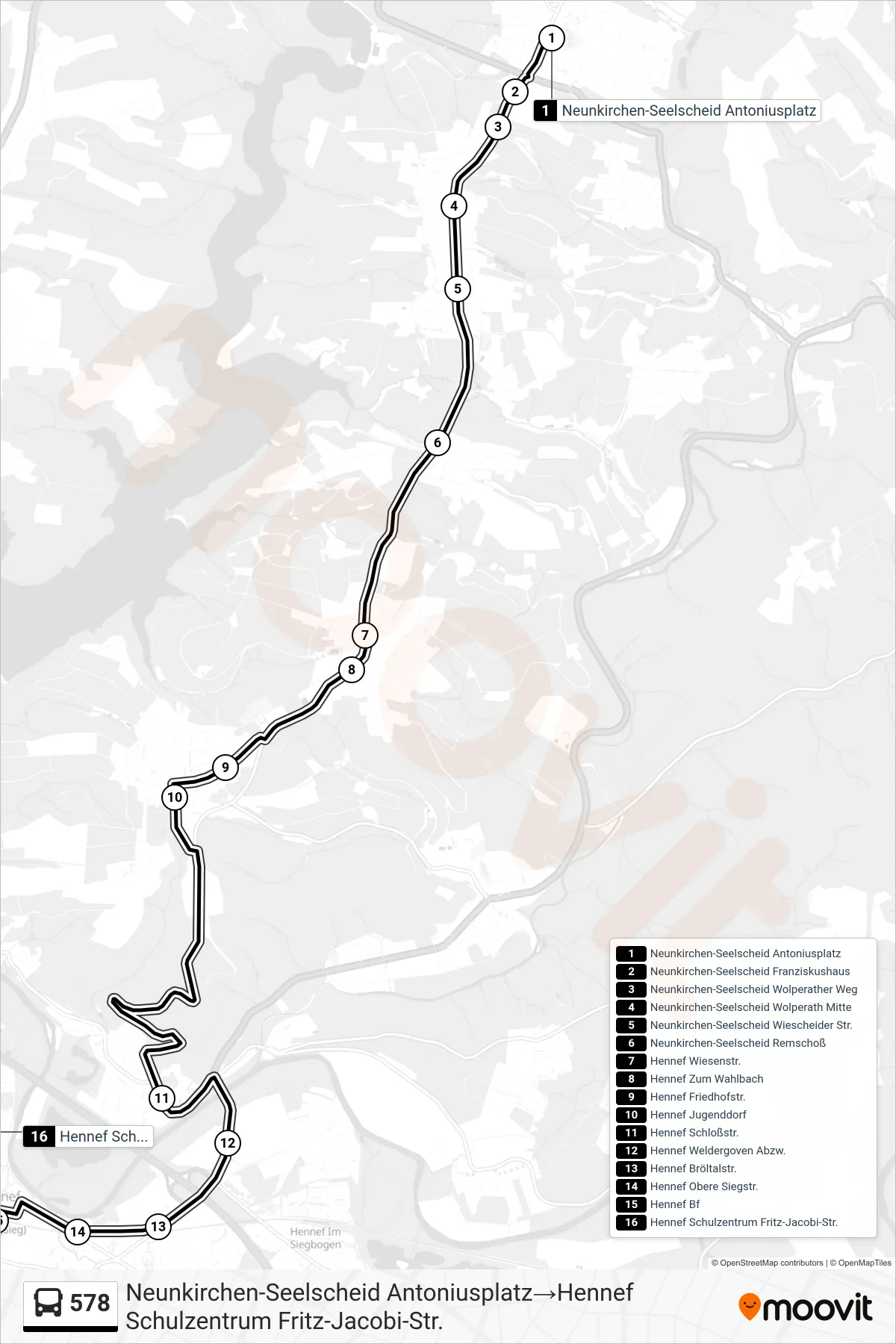 Linie 578 (Bus) Richtung Neunkirchen-Seelscheid Antoniusplatz→Hennef Schulzentrum Fritz-Jacobi-Str.: Route und Haltestellen auf der Karte