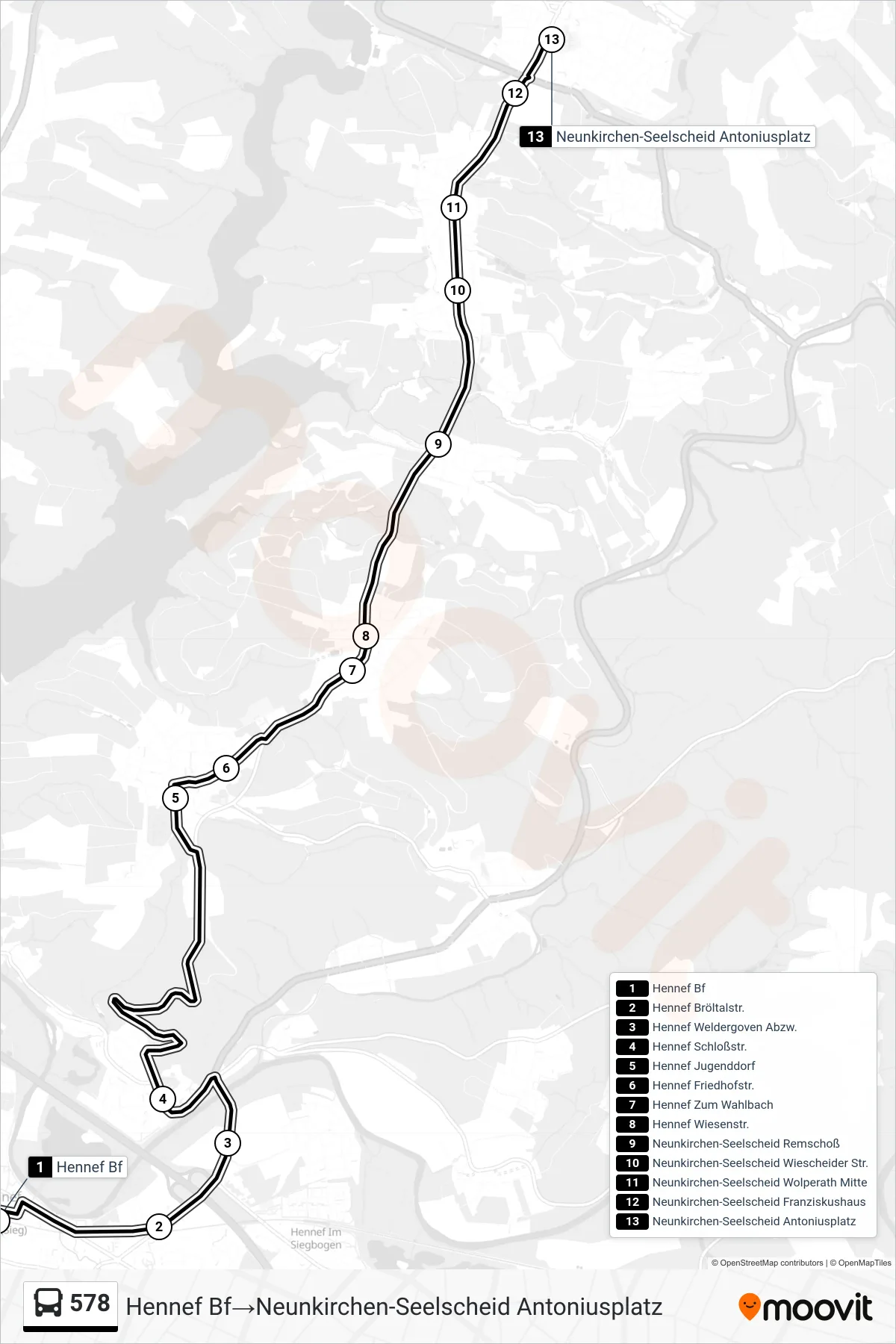 Linie 578 (Bus) Richtung Hennef Bf→Neunkirchen-Seelscheid Antoniusplatz: Route und Haltestellen auf der Karte