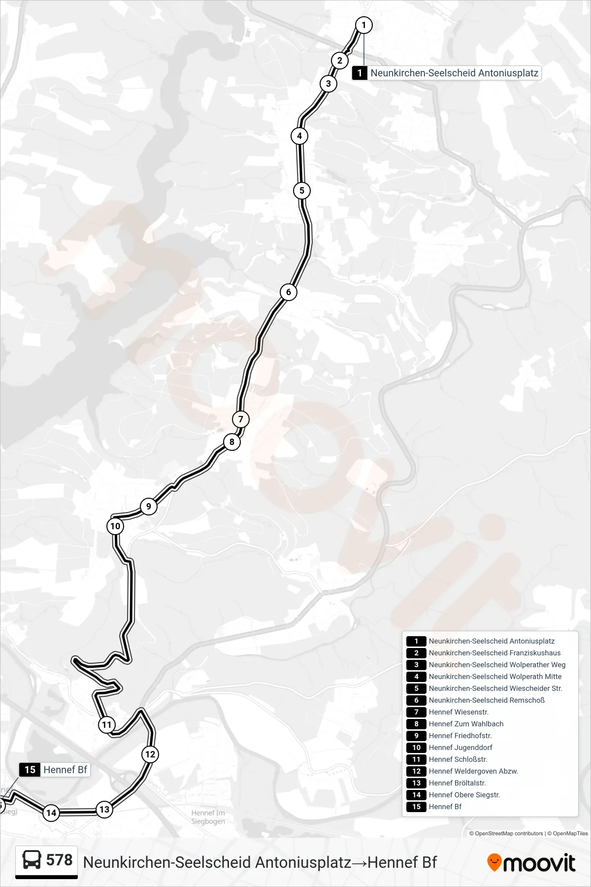 Linie 578 (Bus) Richtung Neunkirchen-Seelscheid Antoniusplatz→Hennef Bf: Route und Haltestellen auf der Karte