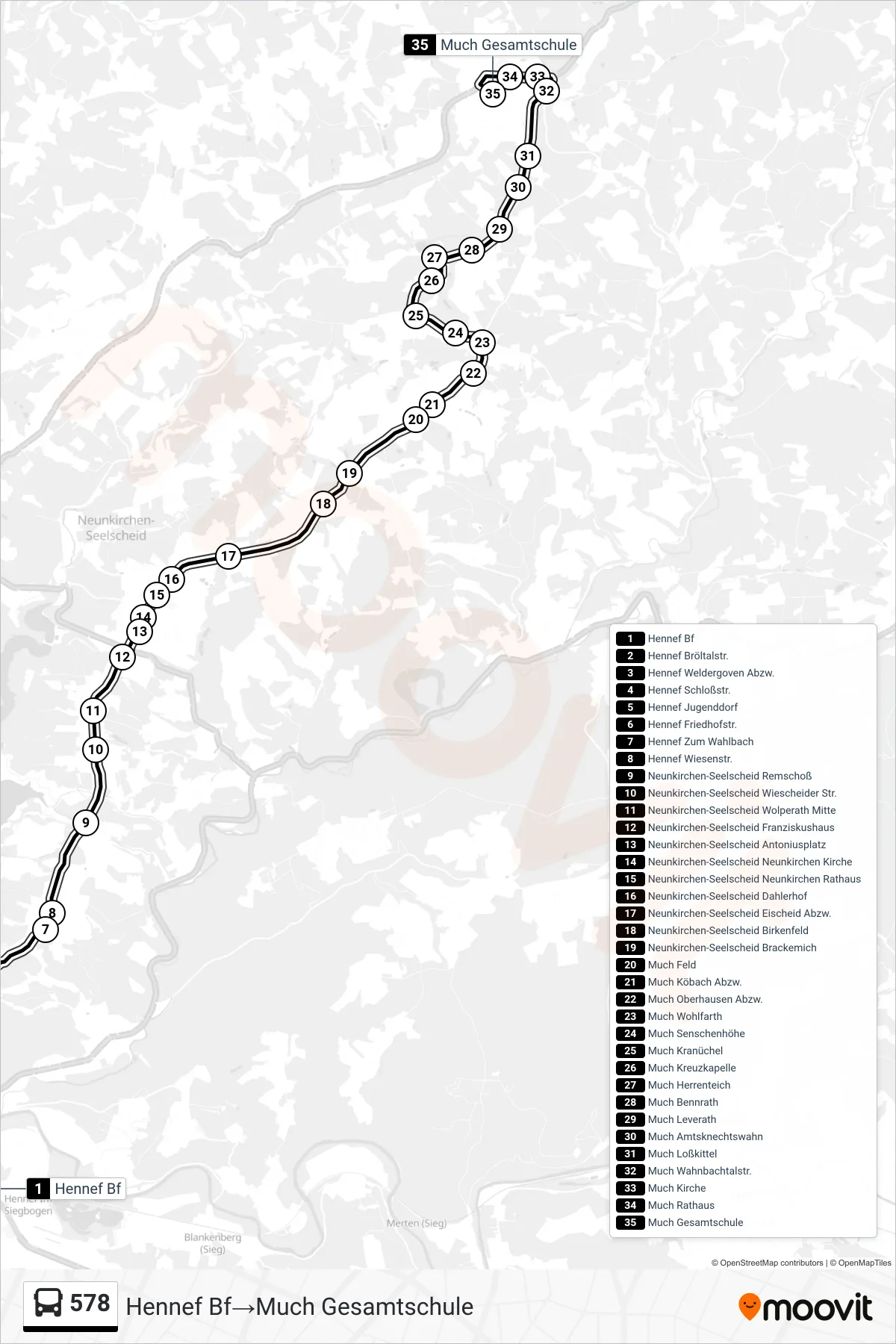 578 bus Line (Hennef Bf→Much Gesamtschule) route and stops on a map