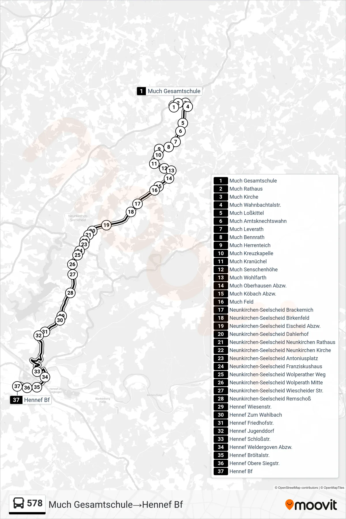 578 bus Line (Much Gesamtschule→Hennef Bf) route and stops on a map