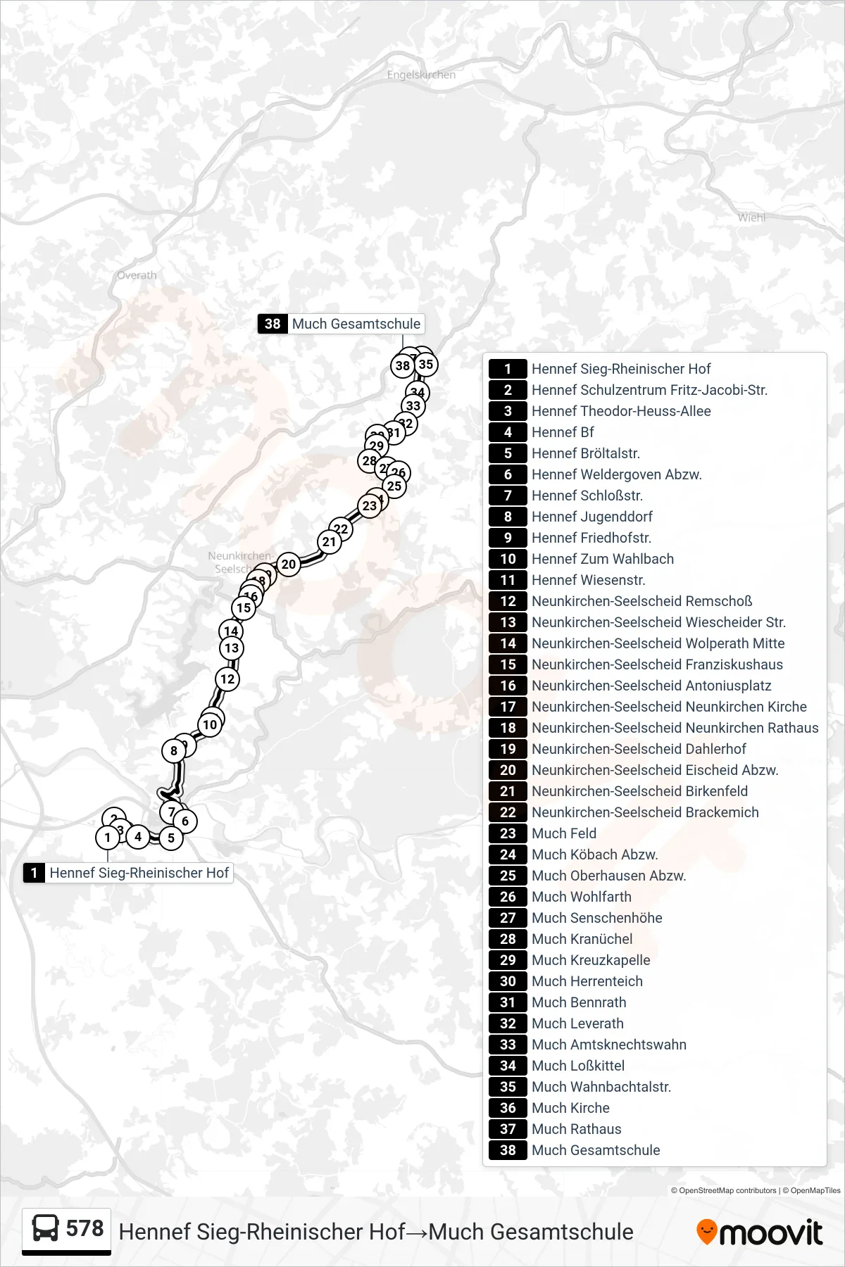 Linie 578 (Bus) Richtung Hennef Sieg-Rheinischer Hof→Much Gesamtschule: Route und Haltestellen auf der Karte