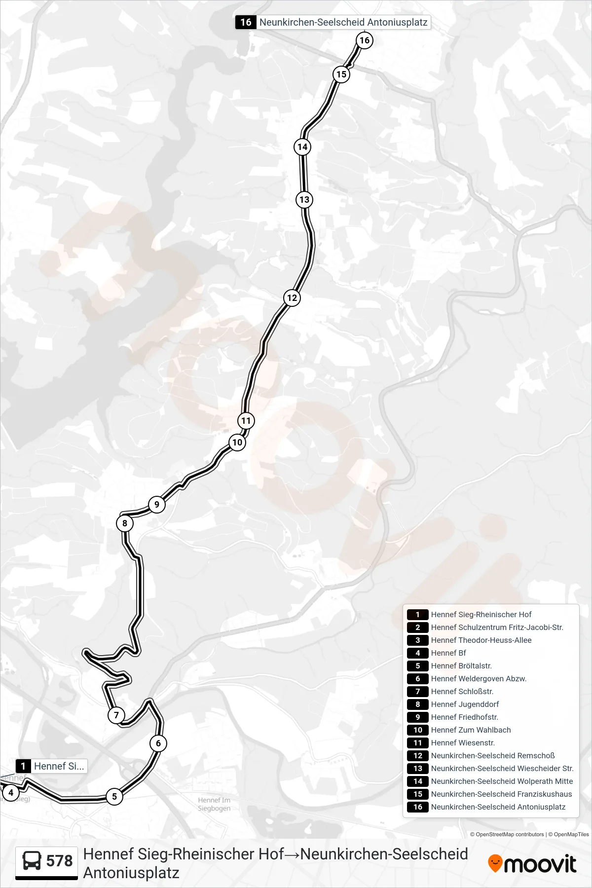 578 bus Line (Hennef Sieg-Rheinischer Hof→Neunkirchen-Seelscheid Antoniusplatz) route and stops on a map
