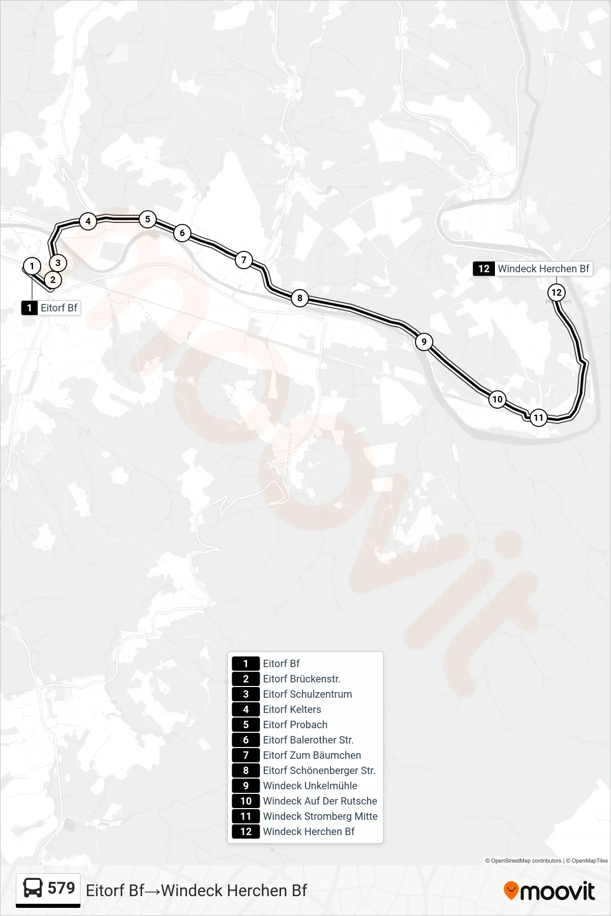 Linie 579 (Bus) Richtung Eitorf Bf→Windeck Herchen Bf: Route und Haltestellen auf der Karte