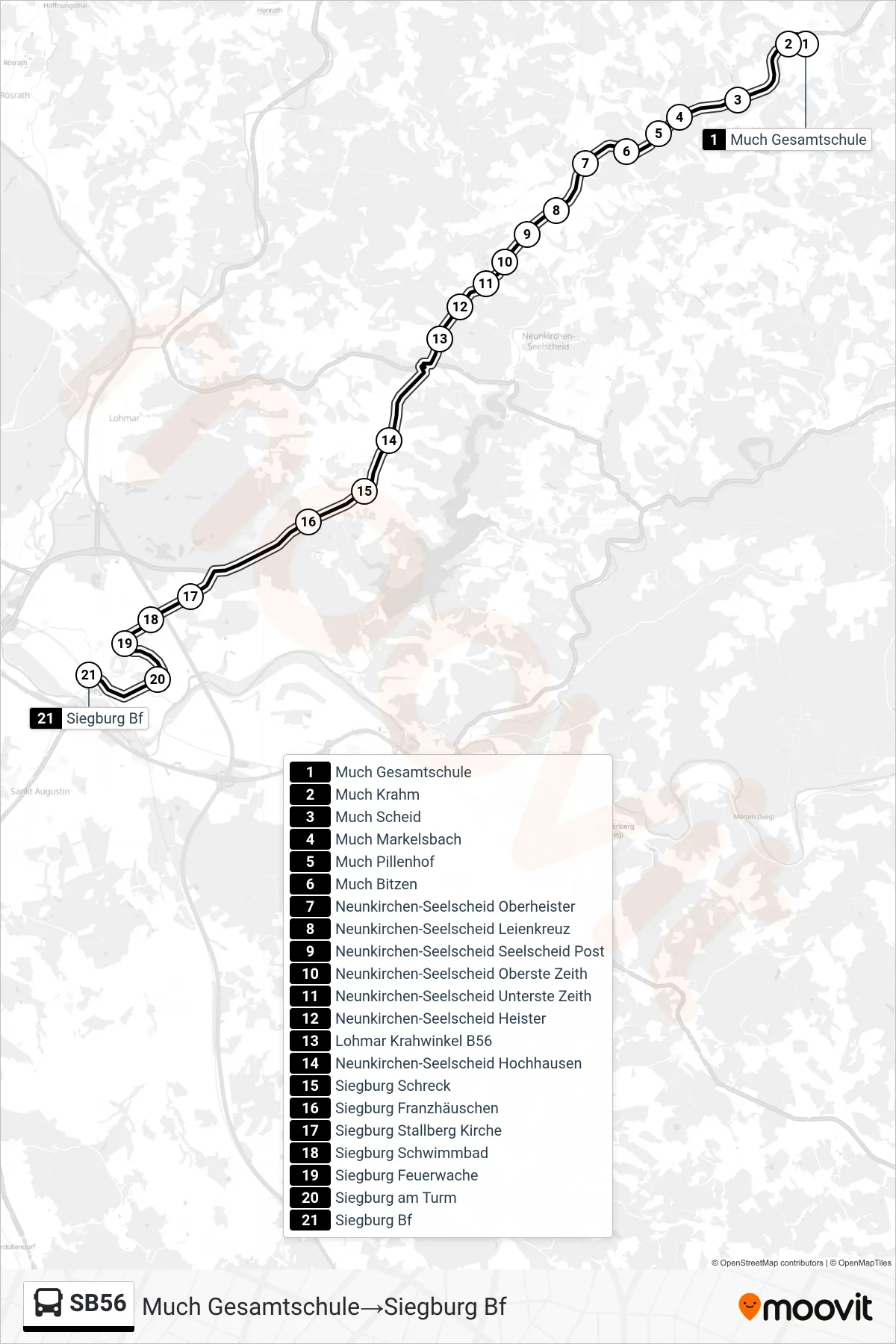 Linie SB56 (Bus) Richtung Much Gesamtschule‎→Siegburg Bf: Route und Haltestellen auf der Karte