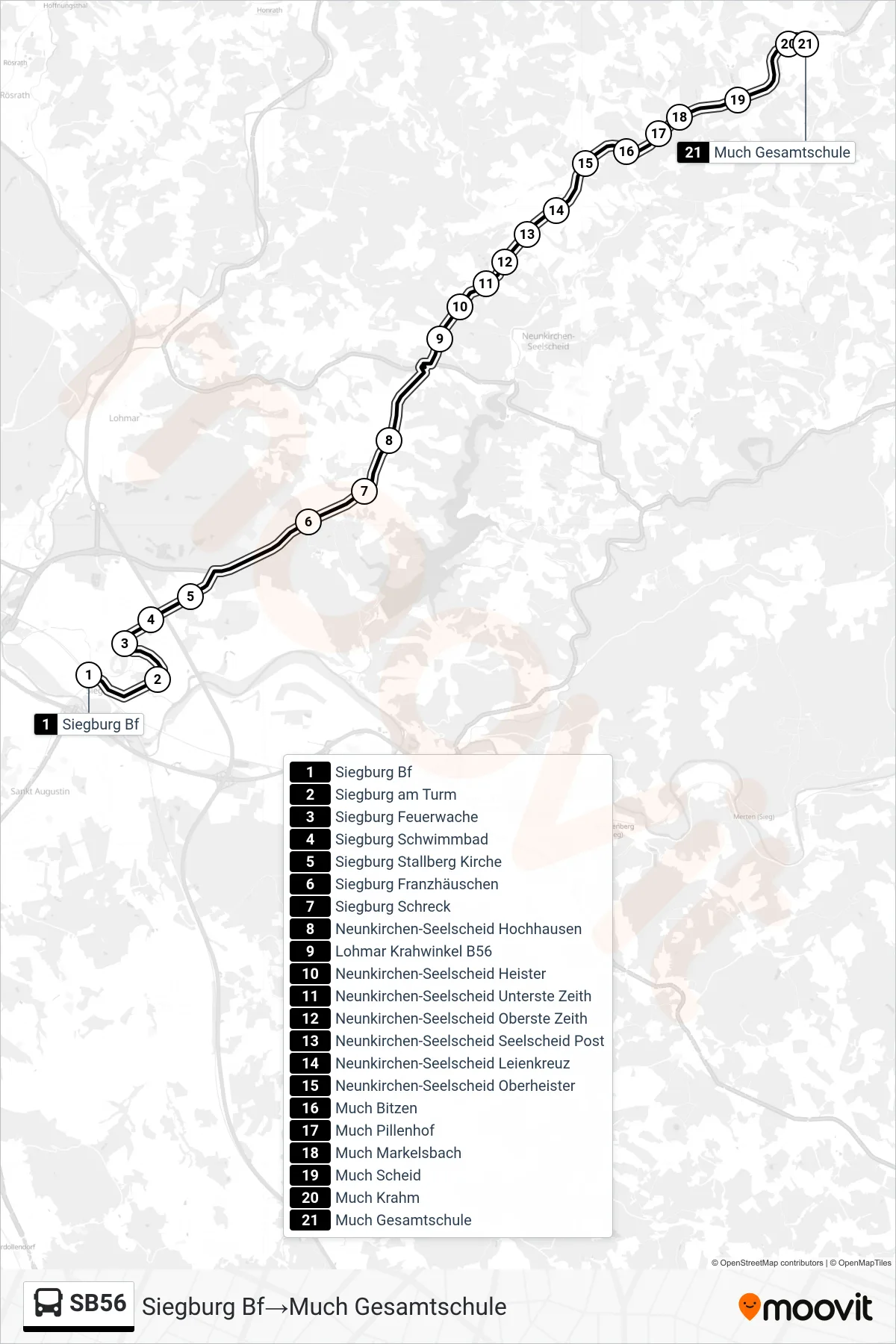 SB56 bus Line (Siegburg Bf‎→Much Gesamtschule) route and stops on a map