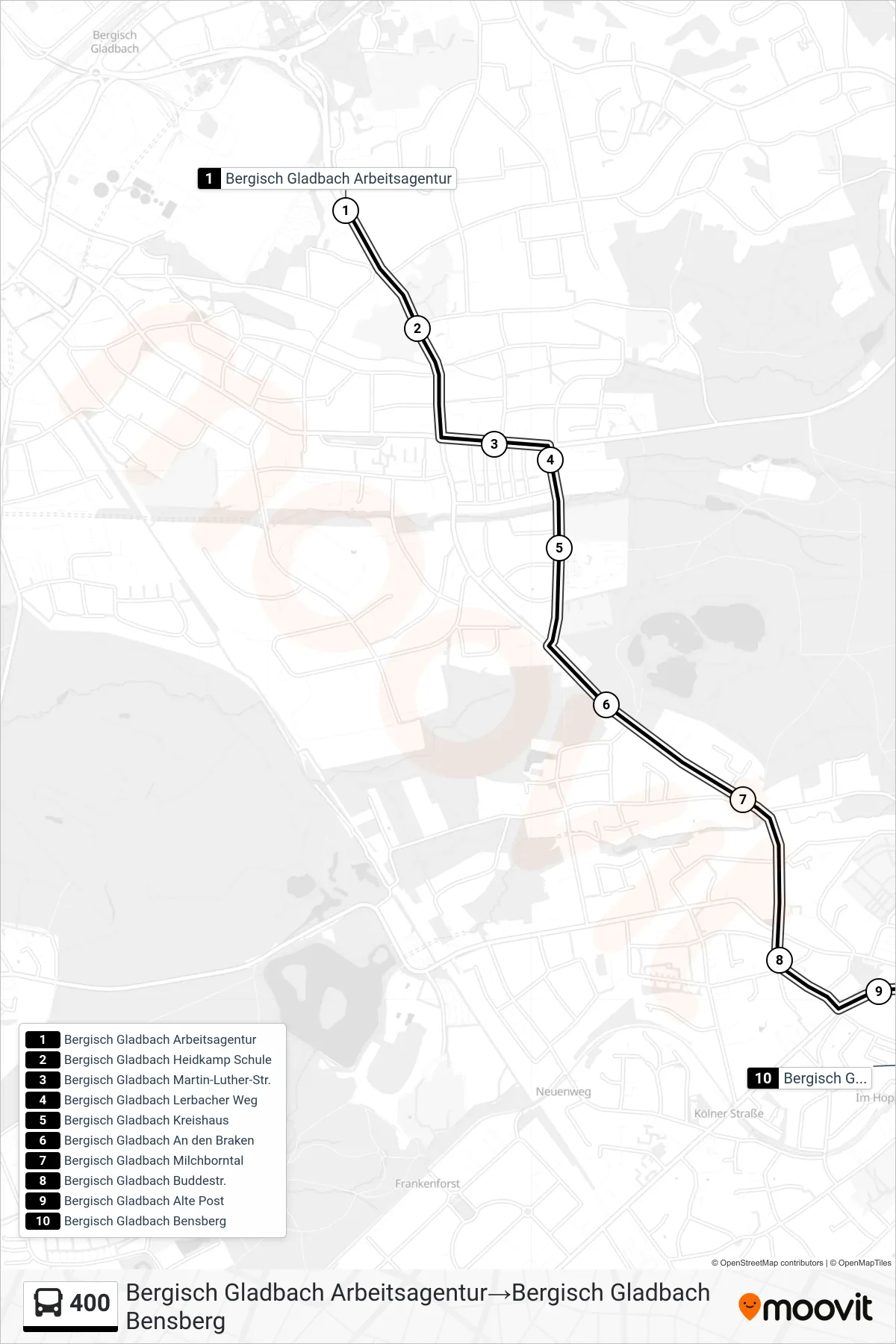 Linie 400 (Bus) Richtung Bergisch Gladbach Arbeitsagentur→Bergisch Gladbach Bensberg: Route und Haltestellen auf der Karte
