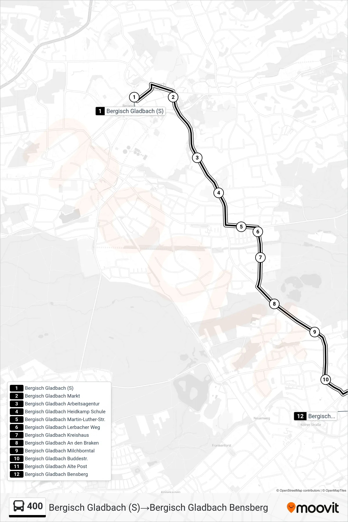 Linie 400 (Bus) Richtung Bergisch Gladbach (S)→Bergisch Gladbach Bensberg: Route und Haltestellen auf der Karte