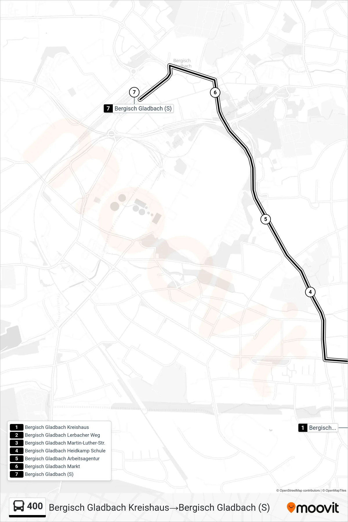 Linie 400 (Bus) Richtung Bergisch Gladbach Kreishaus‎→Bergisch Gladbach (S): Route und Haltestellen auf der Karte