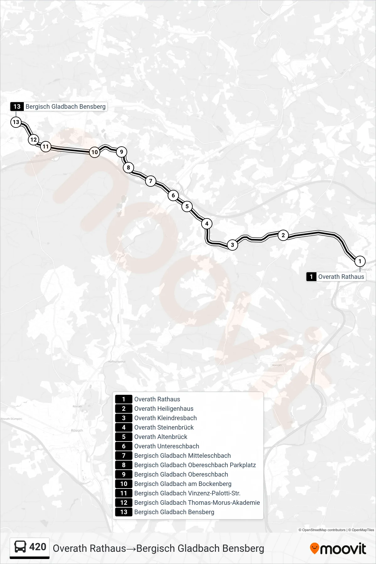 Linie 420 (Bus) Richtung Overath Rathaus→Bergisch Gladbach Bensberg: Route und Haltestellen auf der Karte