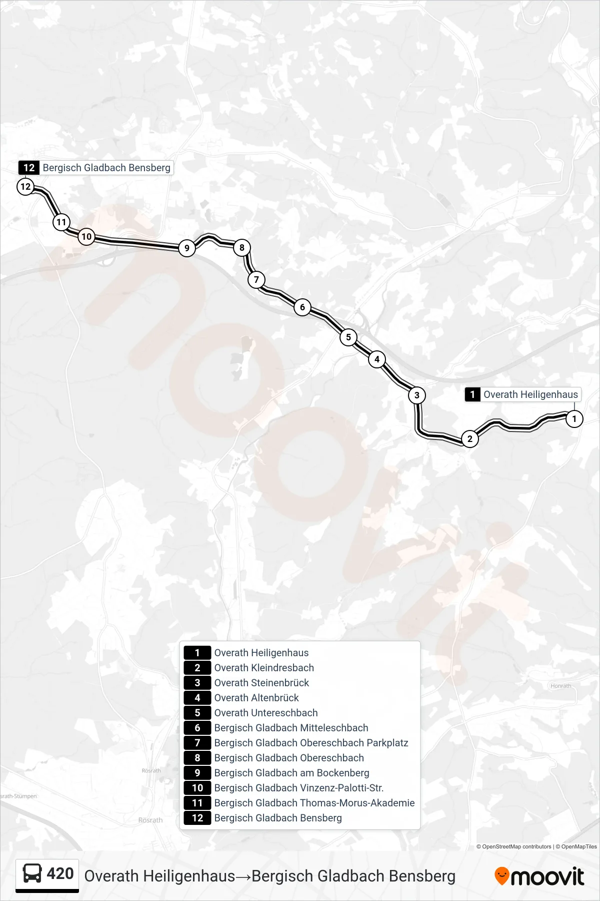 Linie 420 (Bus) Richtung Overath Heiligenhaus→Bergisch Gladbach Bensberg: Route und Haltestellen auf der Karte