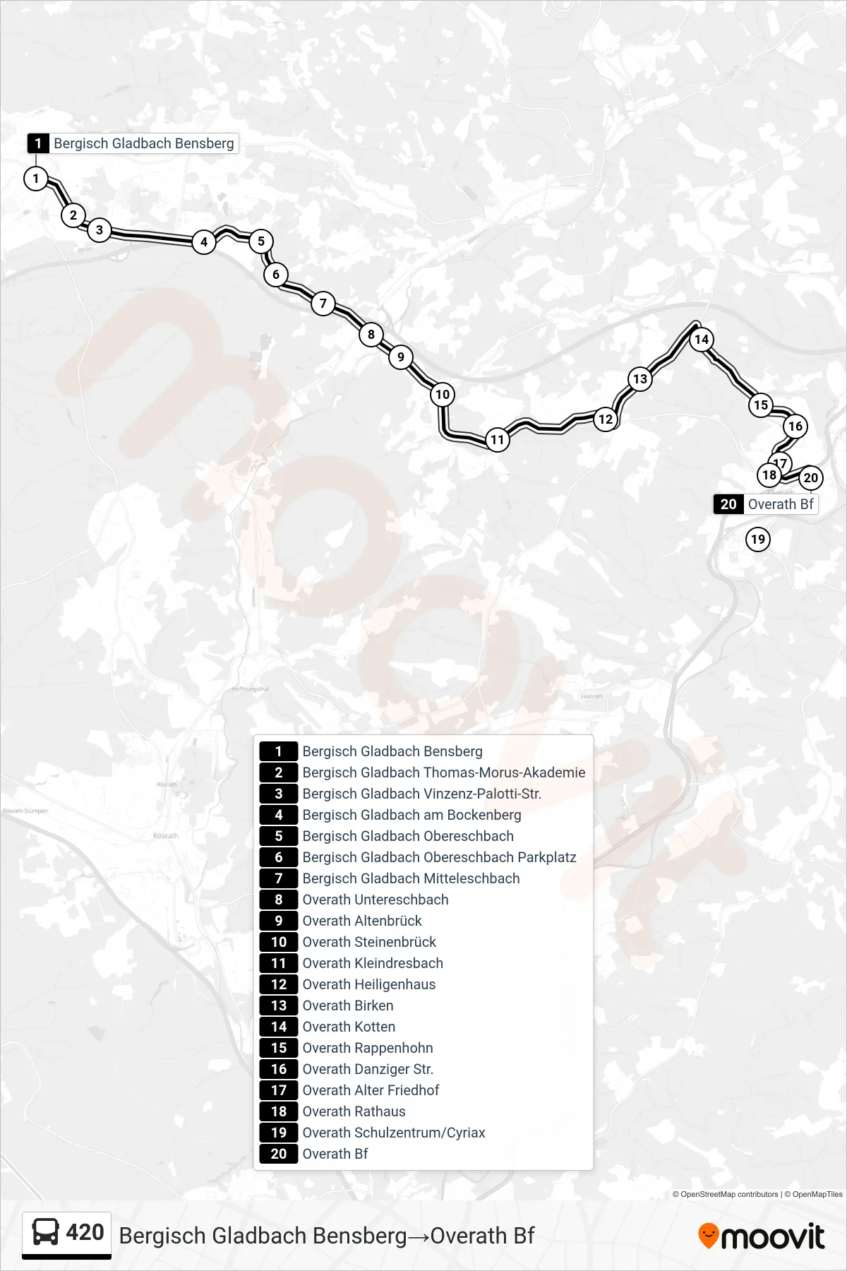 Linie 420 (Bus) Richtung Bergisch Gladbach Bensberg‎→Overath Bf: Route und Haltestellen auf der Karte
