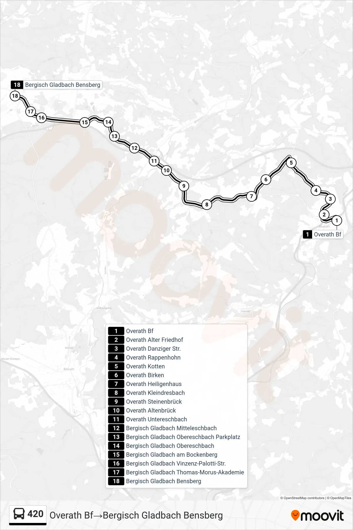 420 bus Line (Overath Bf→Bergisch Gladbach Bensberg) route and stops on a map
