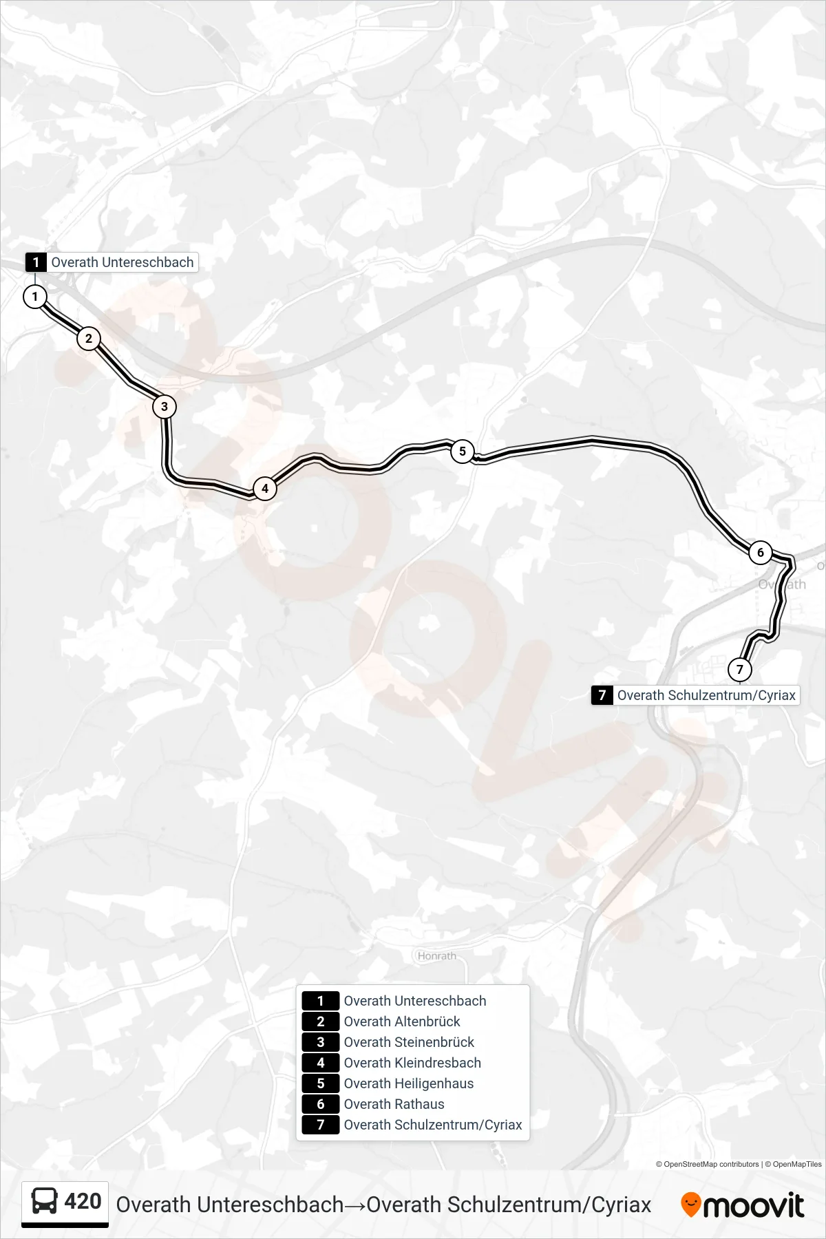 Linie 420 (Bus) Richtung Overath Untereschbach‎→Overath Schulzentrum/Cyriax: Route und Haltestellen auf der Karte