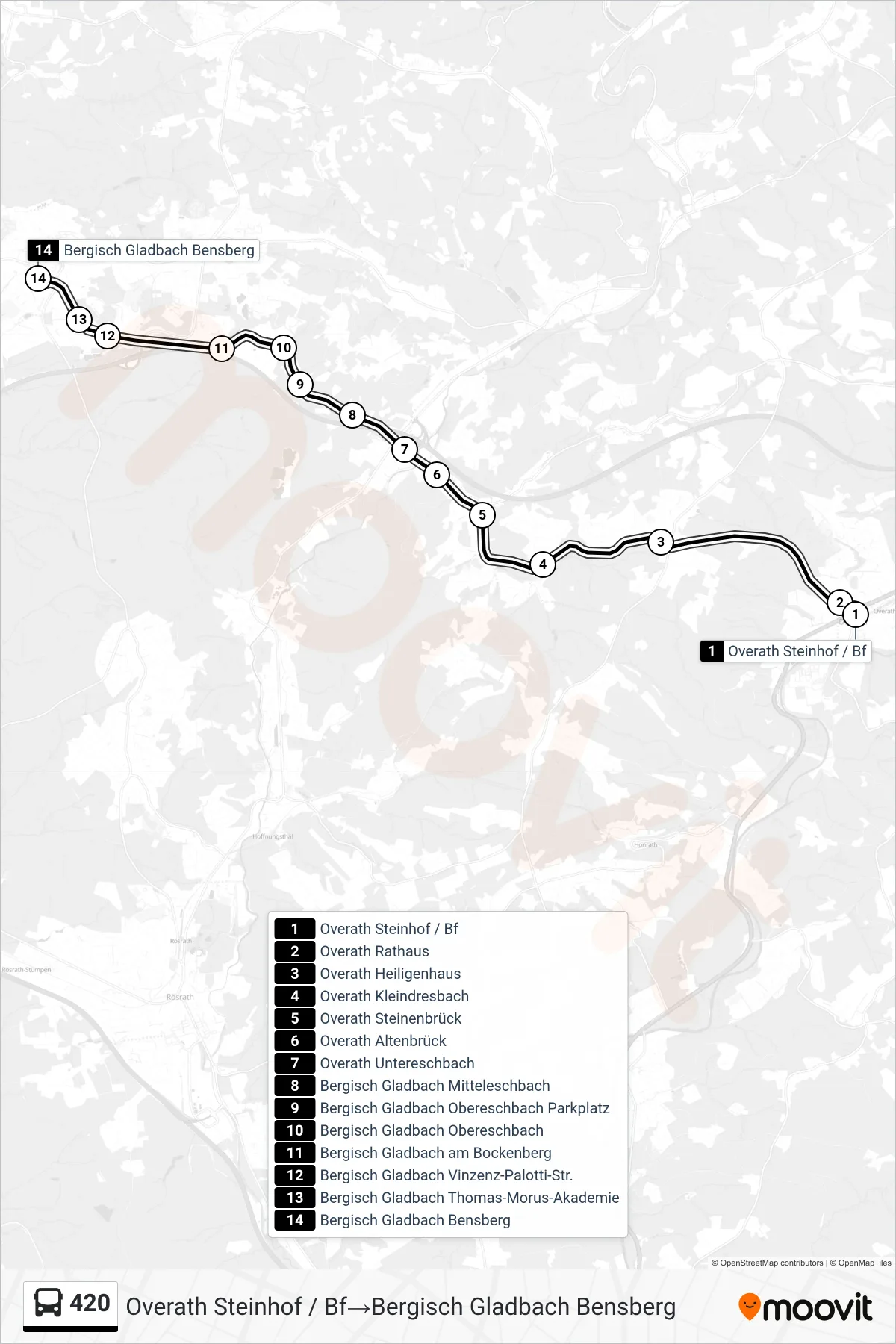 420 bus Line (Overath Steinhof / Bf→Bergisch Gladbach Bensberg) route and stops on a map
