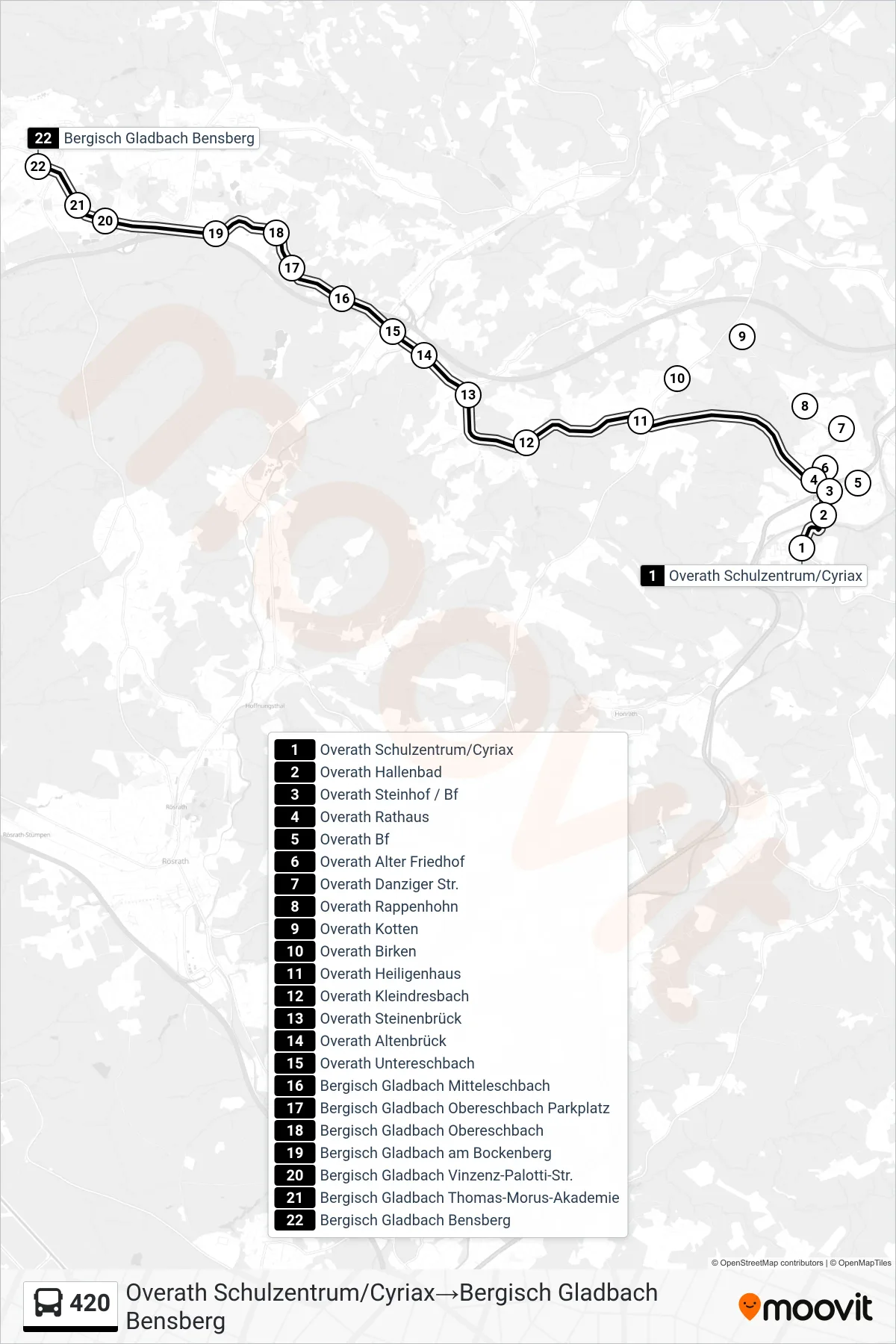 Linie 420 (Bus) Richtung Overath Schulzentrum/Cyriax→Bergisch Gladbach Bensberg: Route und Haltestellen auf der Karte
