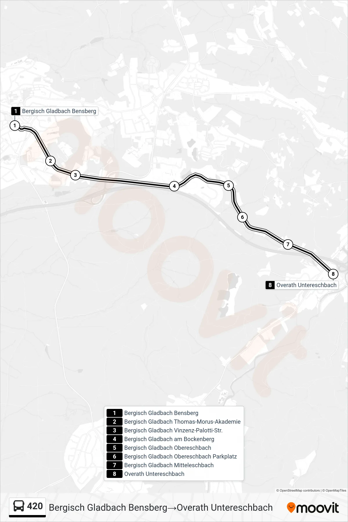 Linie 420 (Bus) Richtung Bergisch Gladbach Bensberg→Overath Untereschbach: Route und Haltestellen auf der Karte