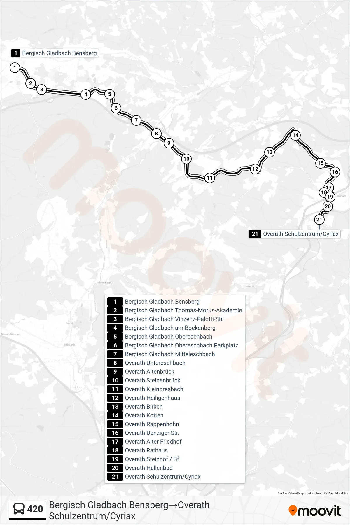 Linie 420 (Bus) Richtung Bergisch Gladbach Bensberg→Overath Schulzentrum/Cyriax: Route und Haltestellen auf der Karte