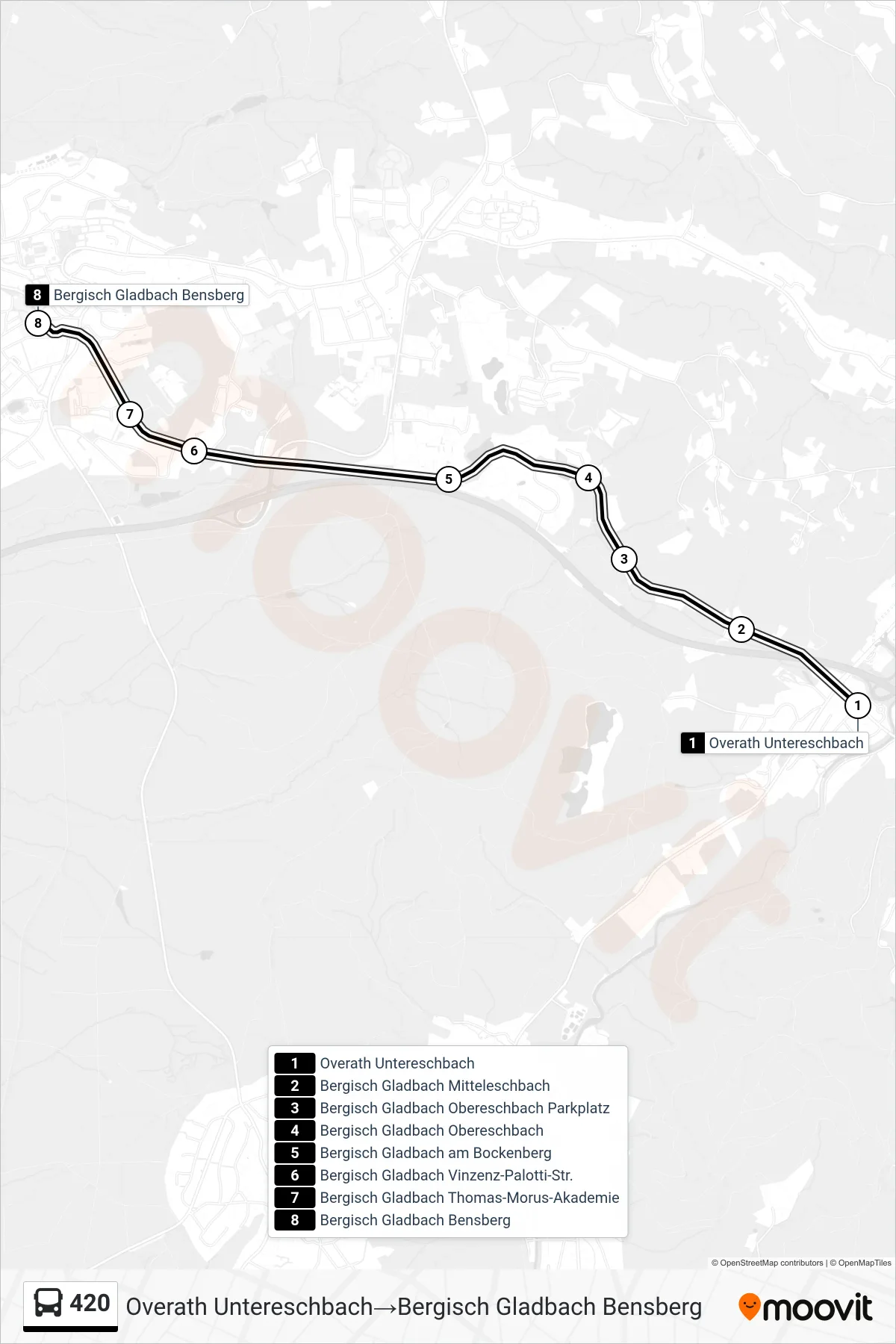 420 bus Line (Overath Untereschbach→Bergisch Gladbach Bensberg) route and stops on a map