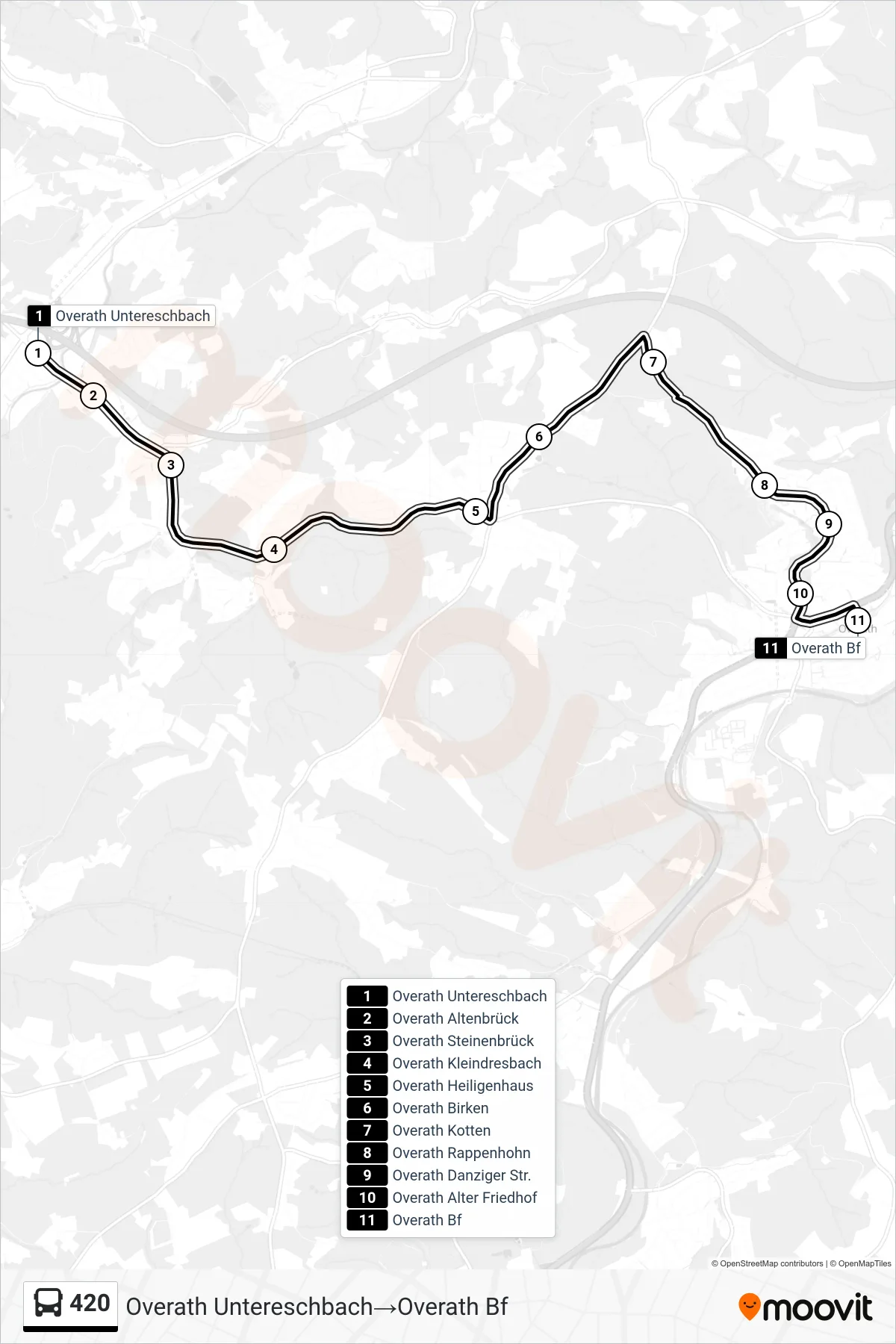 420 bus Line (Overath Untereschbach→Overath Bf) route and stops on a map