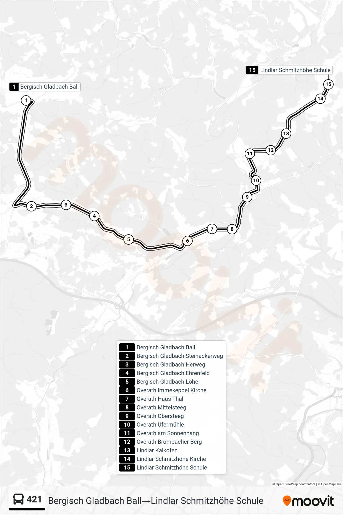 Linie 421 (Bus) Richtung Bergisch Gladbach Ball→Lindlar Schmitzhöhe Schule: Route und Haltestellen auf der Karte