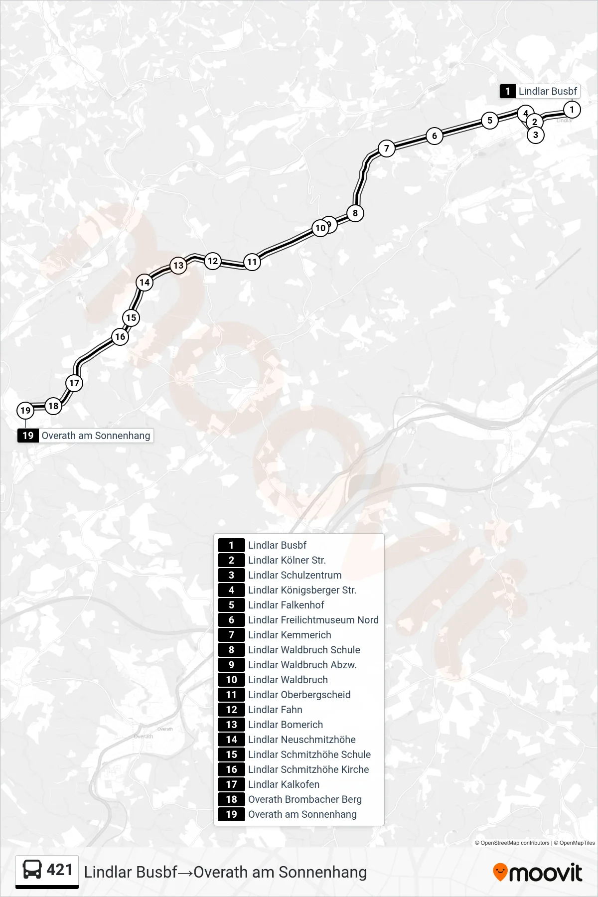 Linie 421 (Bus) Richtung Lindlar Busbf→Overath am Sonnenhang: Route und Haltestellen auf der Karte