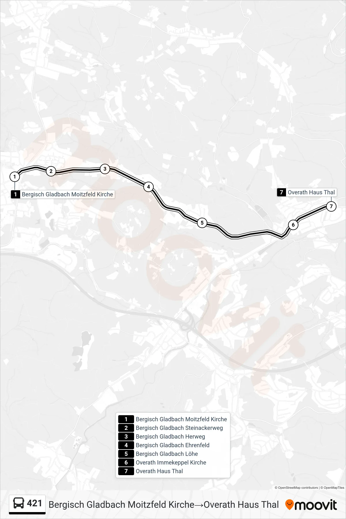 Linie 421 (Bus) Richtung Bergisch Gladbach Moitzfeld Kirche→Overath Haus Thal: Route und Haltestellen auf der Karte