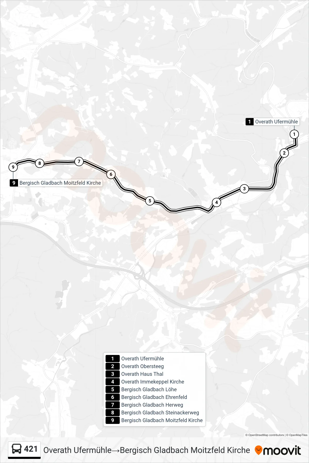 Linie 421 (Bus) Richtung Overath Ufermühle→Bergisch Gladbach Moitzfeld Kirche: Route und Haltestellen auf der Karte