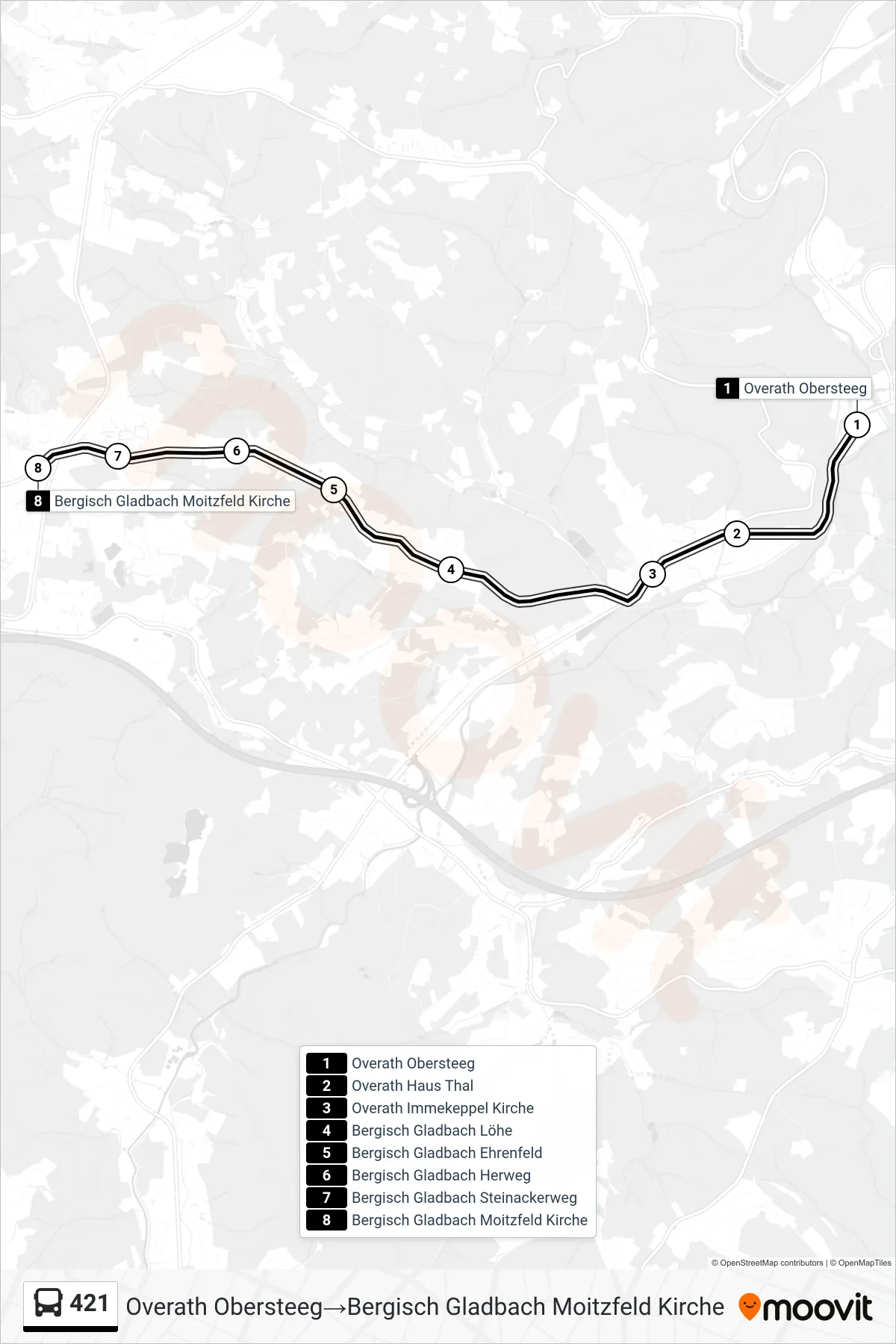 Linie 421 (Bus) Richtung Overath Obersteeg→Bergisch Gladbach Moitzfeld Kirche: Route und Haltestellen auf der Karte