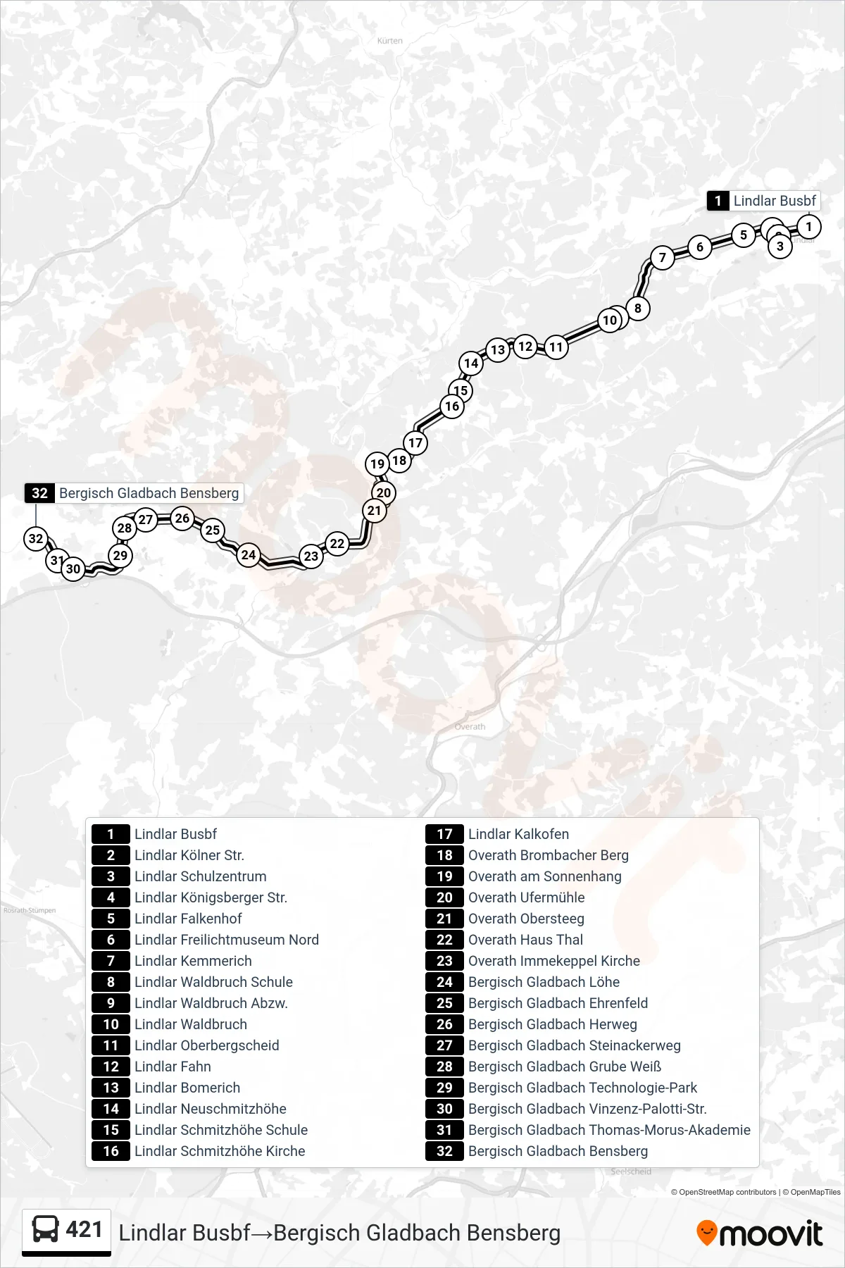 Linie 421 (Bus) Richtung Lindlar Busbf→Bergisch Gladbach Bensberg: Route und Haltestellen auf der Karte