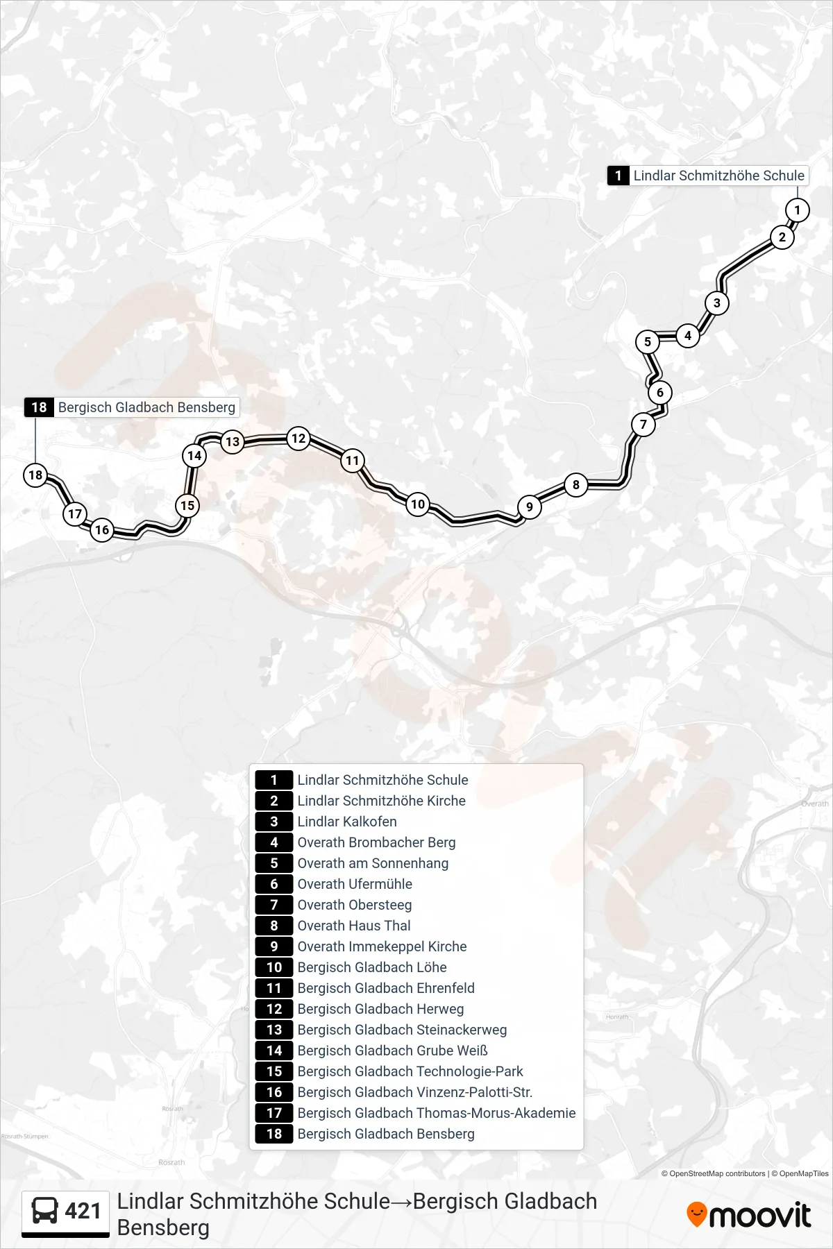 Linie 421 (Bus) Richtung Lindlar Schmitzhöhe Schule→Bergisch Gladbach Bensberg: Route und Haltestellen auf der Karte