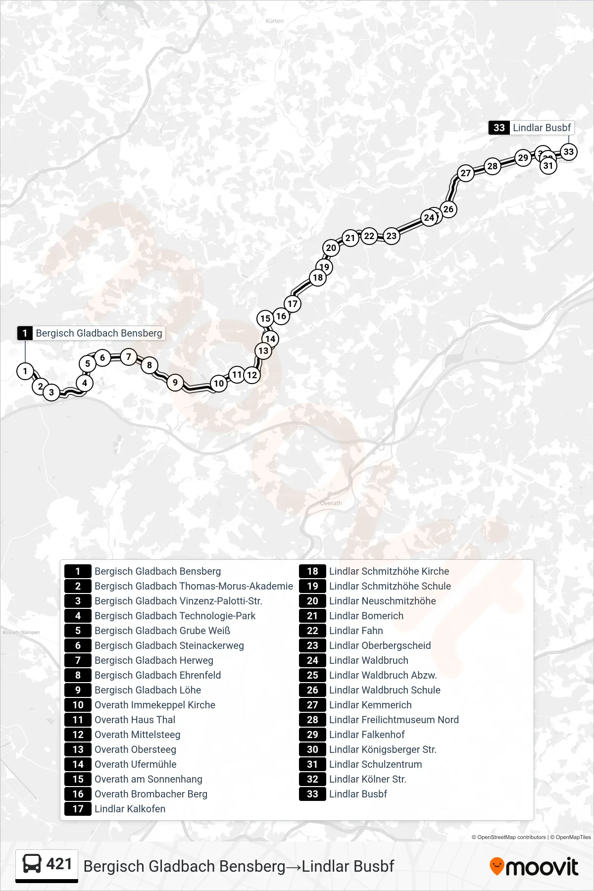 Linie 421 (Bus) Richtung Bergisch Gladbach Bensberg→Lindlar Busbf: Route und Haltestellen auf der Karte